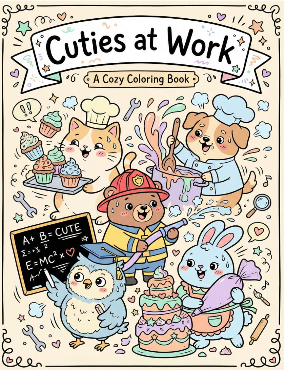 Cuties at Work Coloring Book: A Cozy Doodle Coloring Cozy for Adults and Teens: Cute Animal Kawaii Jobs for Stress