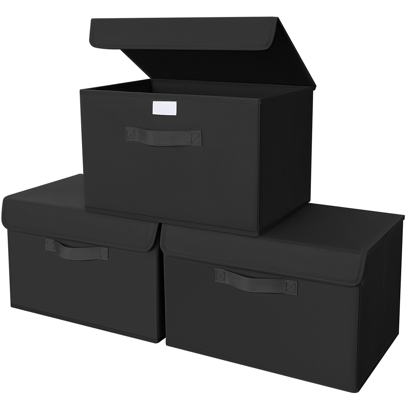 Homsorout Aufbewahrungsboxen mit Deckel - 3er Set Aufbewahrungskorb Stoff Faltbare Aufbewahrungsbox mit Transparentem Sichtfenster, 38 x 25 x 25 cm Faltbox für Kleidung, Würfelregal, Schwarz