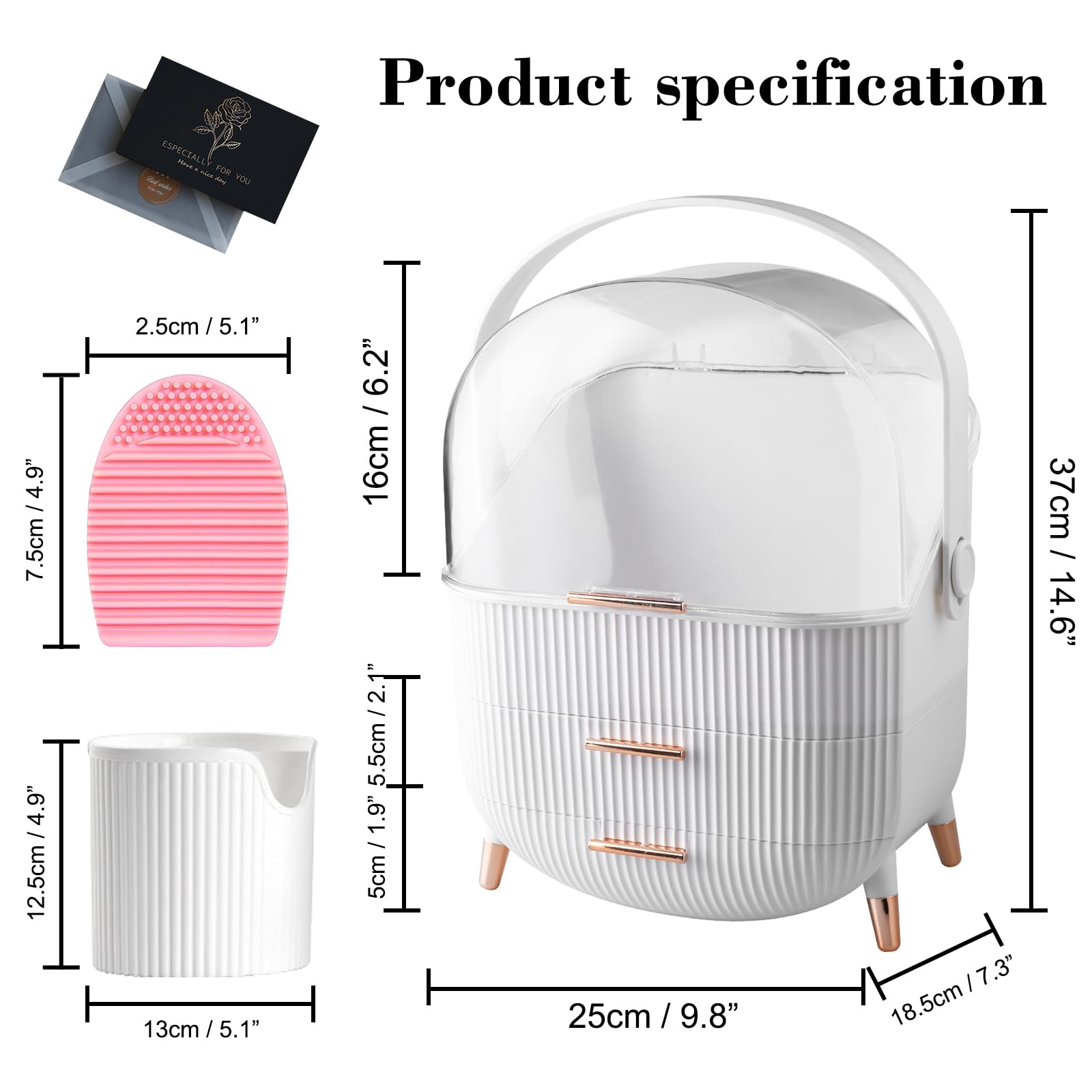 UCAMP Organizador Maquillaje,Organizador de Maquillaje con soporte para brochas,de plástico de 3 niveles con asa y tapa transparente,soporte Organizador Cosmeticos impermeable y a prueba de polvo