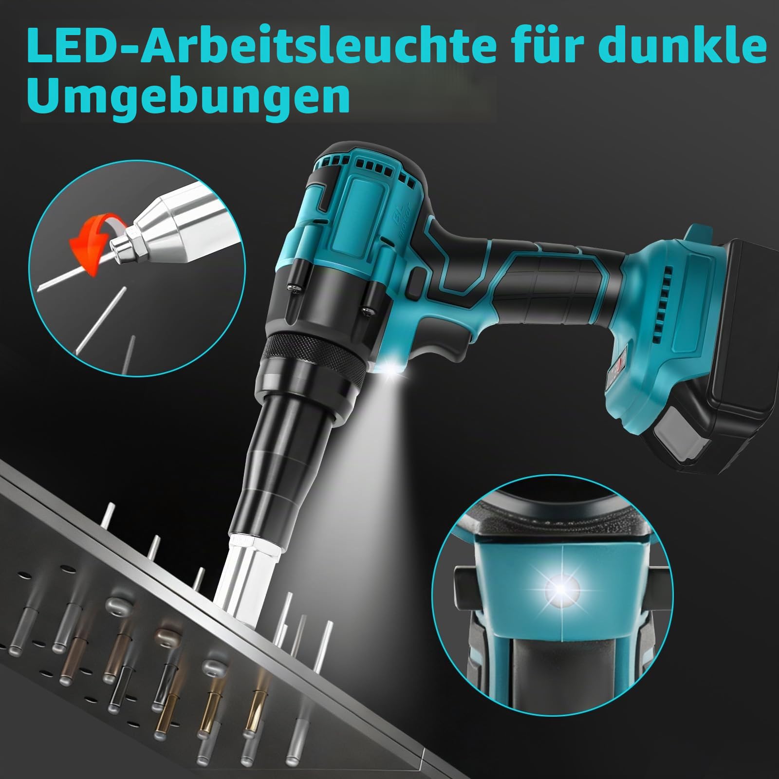 Akku Nietzange Kompatibel mit Makita 18V Akku, 30000N Bürstenlose Blindnietzange, Elektrische Nietpistole mit LED, Automatischer Popnietenzange Mit 3.2/4.0/4.8mm Adaptern(ohne Batterien)