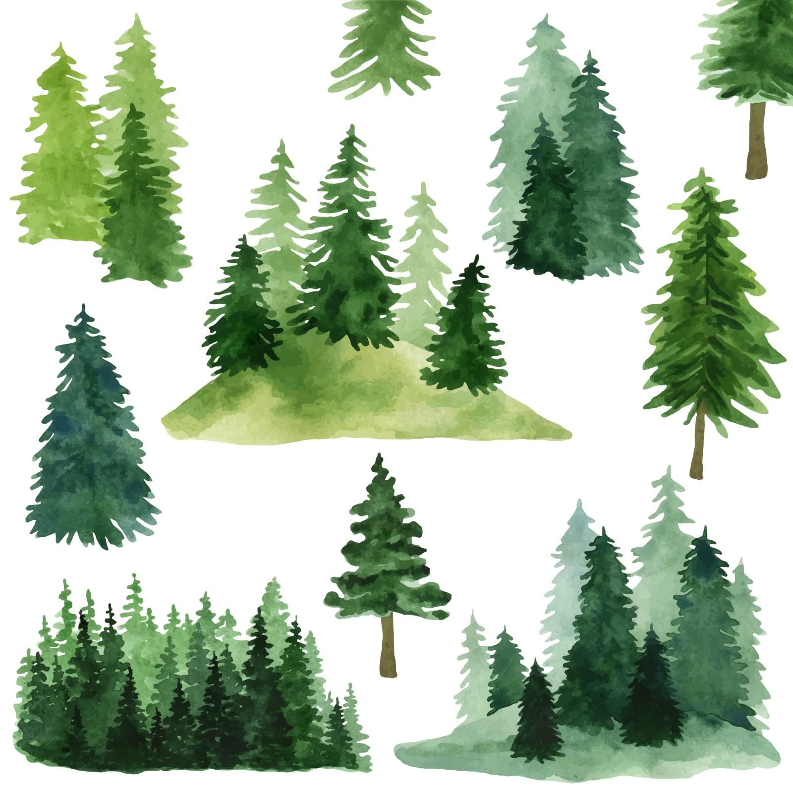 Watercolor Pine Tree Wall Decals Green Pine Tree Wall Sticker Large Tree Wall Decals Nature Woodland Forest Tree Wall Stickers for Nursery Bedroom Living Room Decor