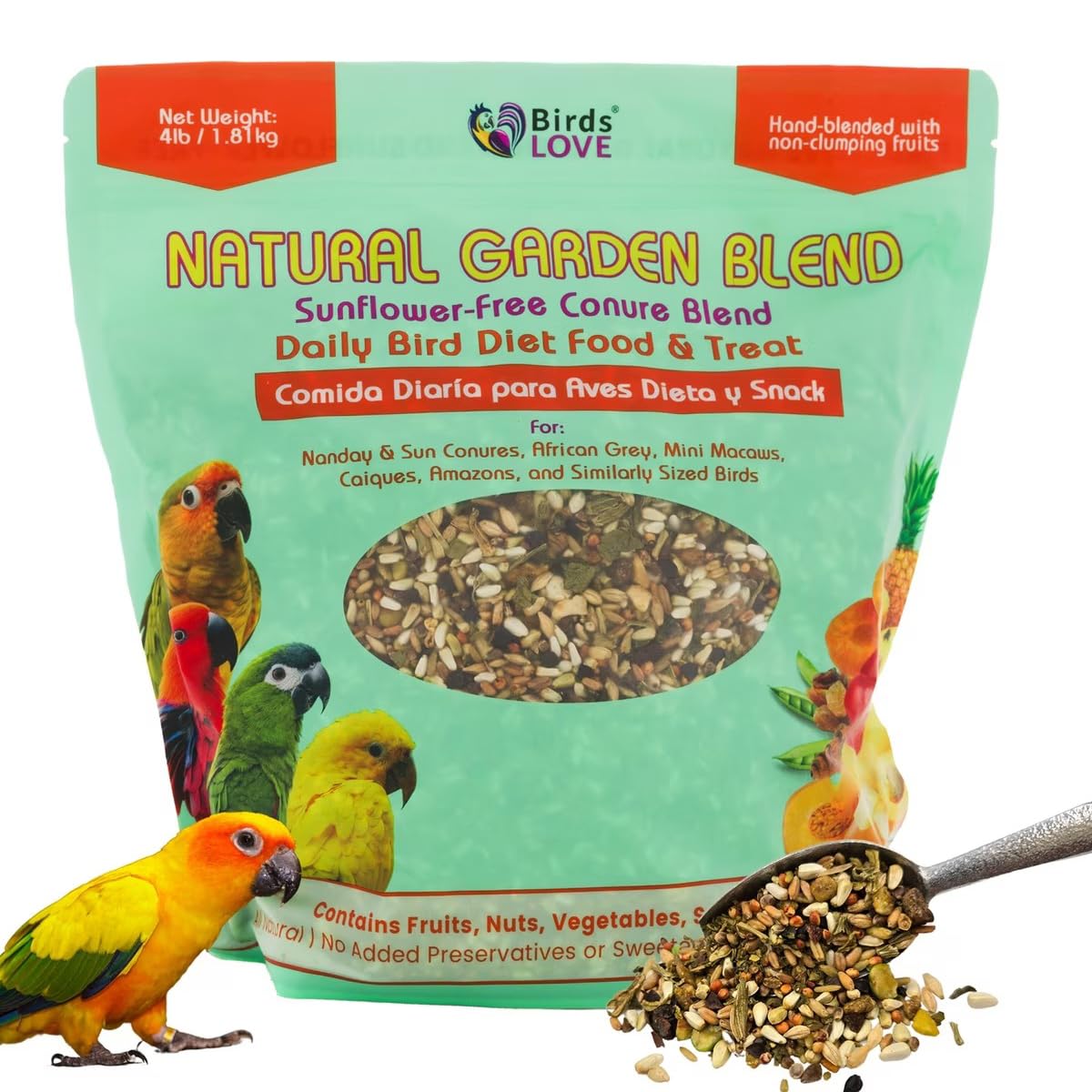 Birds LOVE All Natural Garden Blend Bird Food for Conures - Sunflower Free 4lb