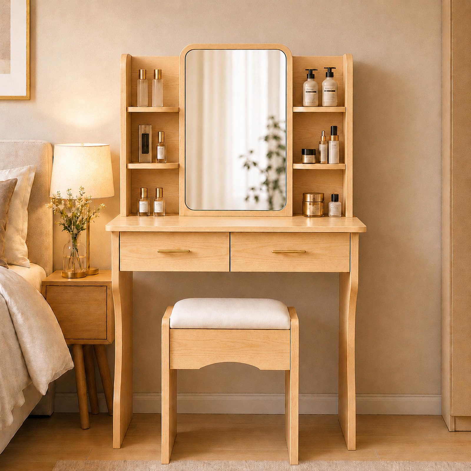 Amazon｜ドレッサー 化粧台 コンパクト サイズ 135*80*36cm スツール