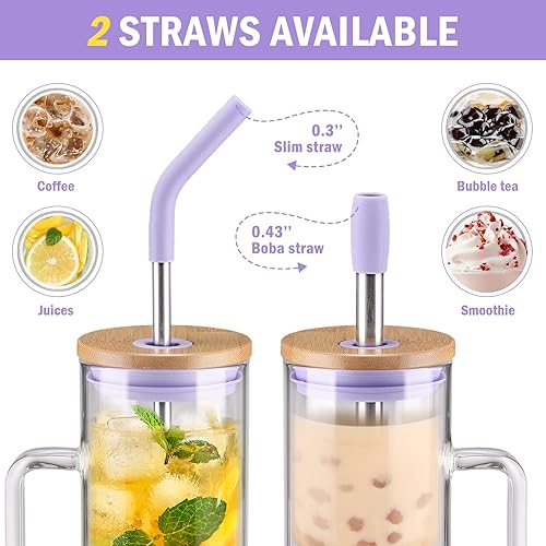 Miniatura 4 de Kodrine Vaso con tapa y pajilla, vaso de vidrio para café de 20 onzas con asa, taza para batidos con tapa de bambú, marcador de tiempo, funda