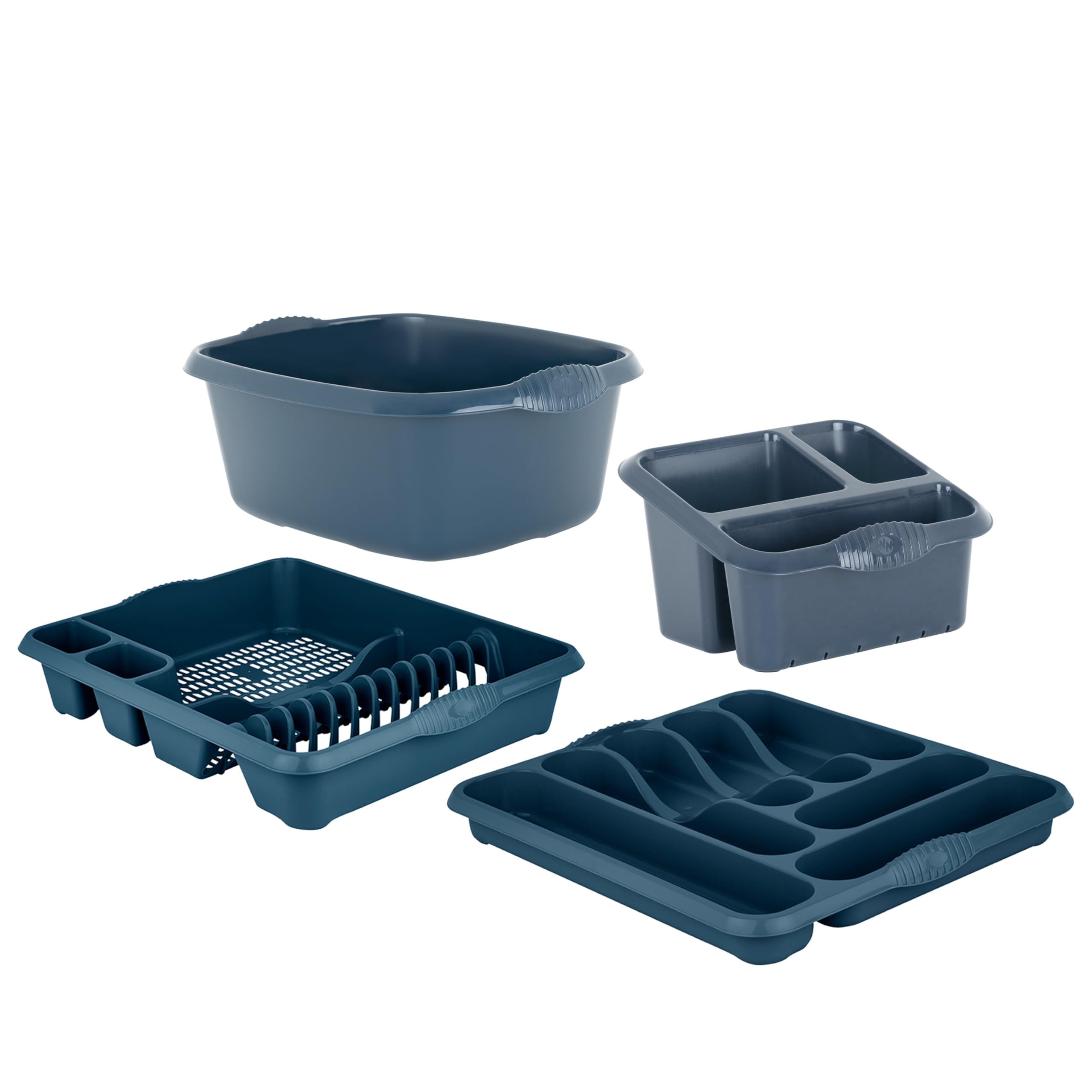 M1ss Navy Blue - 4 Piece Casa Plastic Kitchen Set (38Cm Rectangular Bowl, Large Cutlery Tray, Large Dish Drainer & Sink Tidy) Perfect For Kitchen Organisation Home And Restaurants