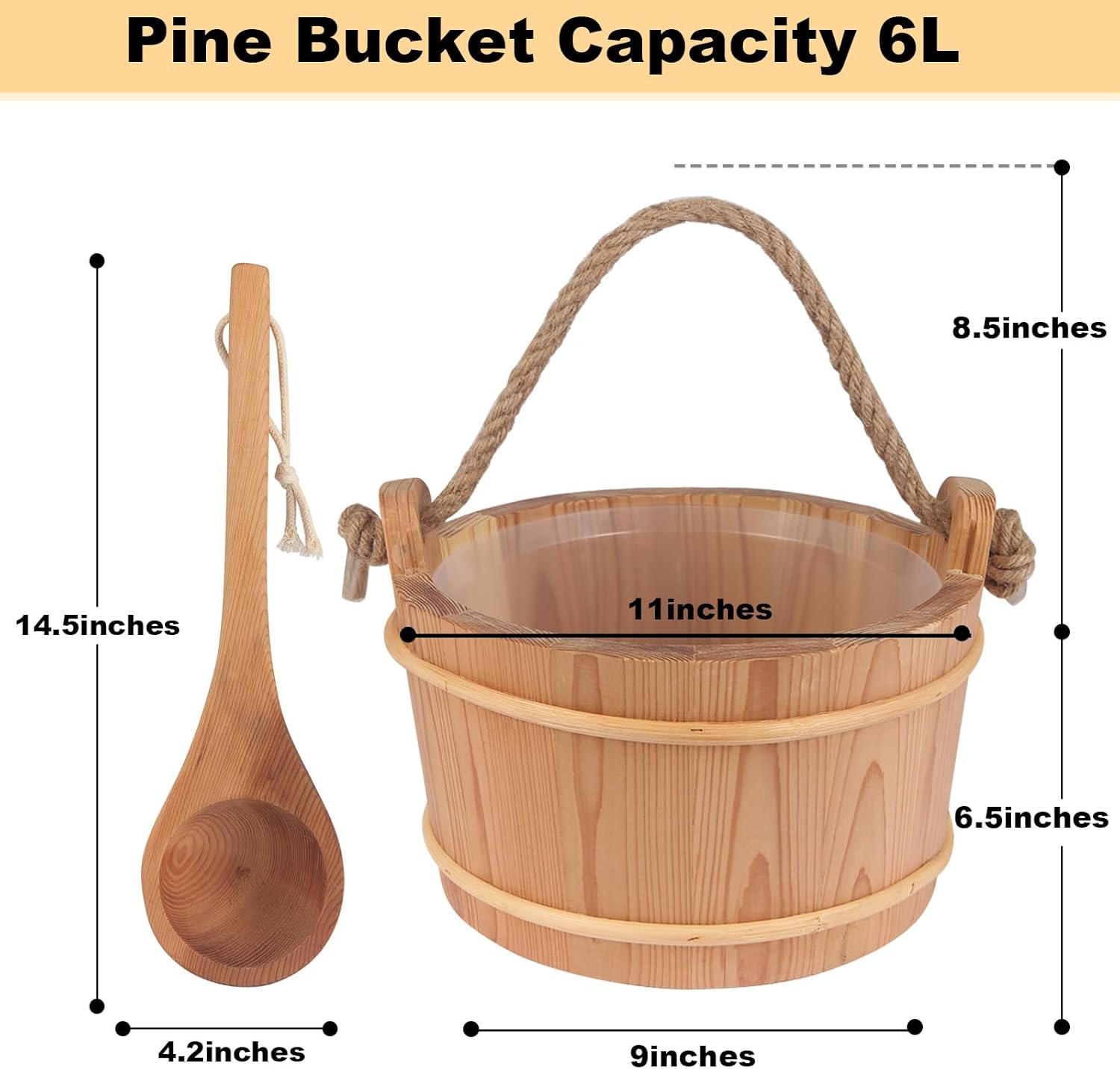 Cedar Wood Sauna Bucket 6L and Ladle Set,Sauna Bucket and 14.5″Sauna Ladle,Sauna Accessories Handmade from Premium Cedar Wood