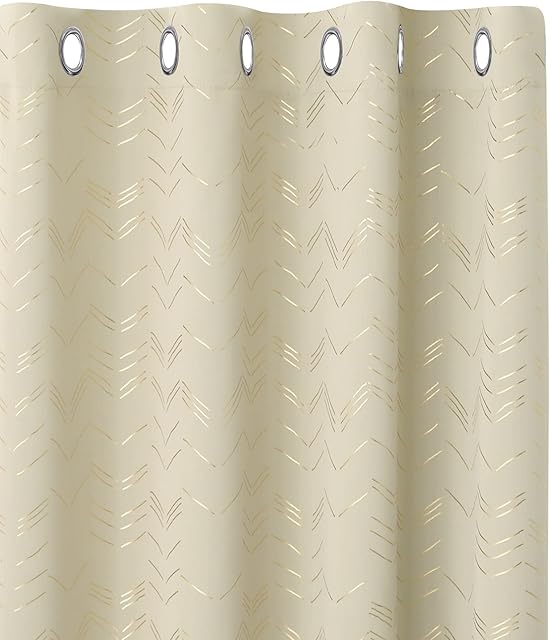 Amazon Brand - Umi Foil Printed Golden Line Blackout Curtains Thermal Insulated Window Eyelet Curtains Bedroom Curtains for Living Room 55 x 54 Inch Beige 2 Panels