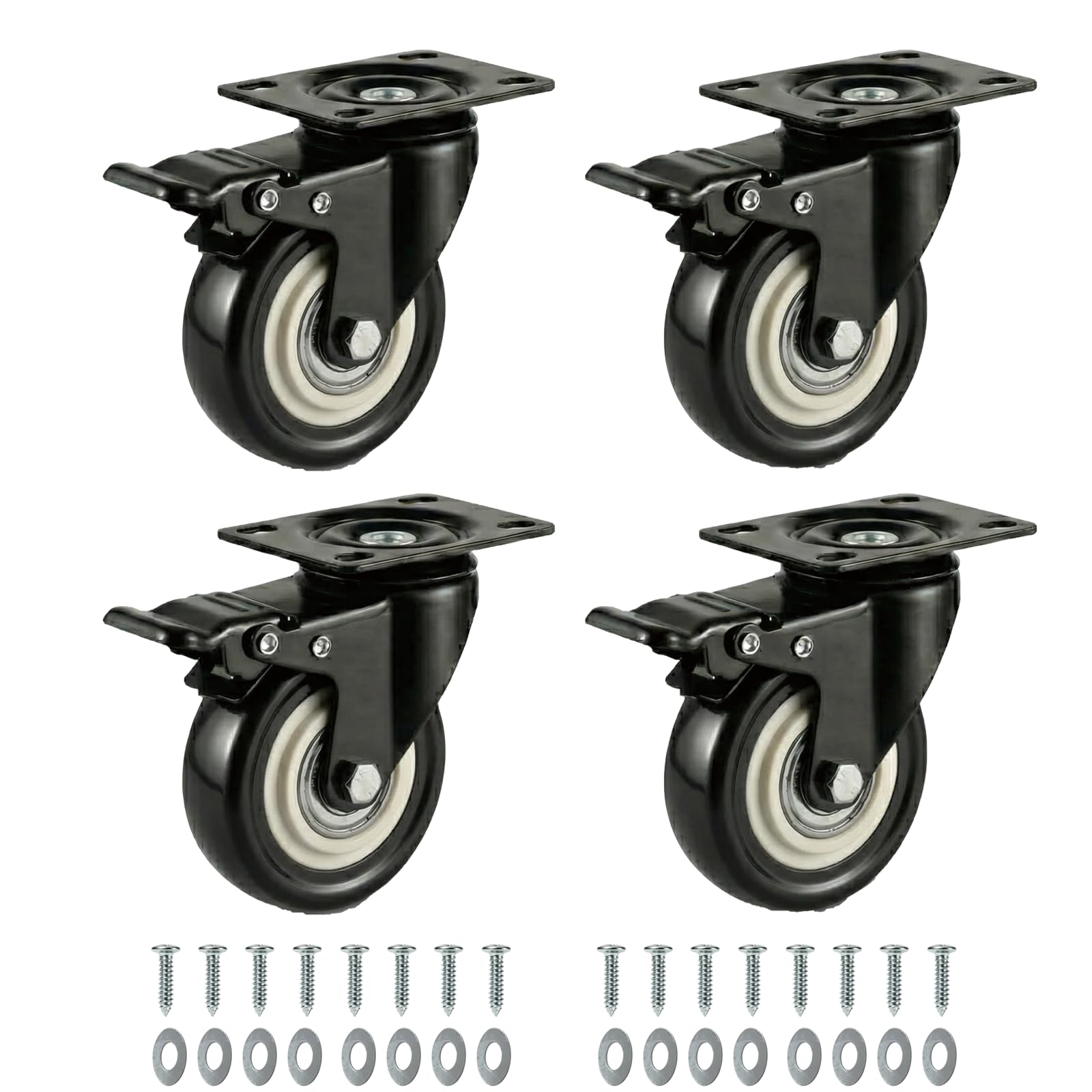 Nfbcxutkw 5 2 Inch Heavy Duty Swivel Casters With Brake, No Noise Polyurethane (Pu) Caster Wheels For Furniture, Carts, Workbenches & Industrial Use (4 Brake)