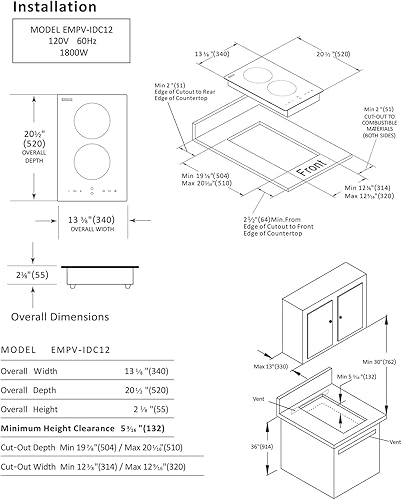 Miniatura 6 de Empava - Anafe eléctrico de inducción vertical con 2 quemadores, vitrocerámica, superficie lisa, vidrio en negro, 120 V, 30.5 cm