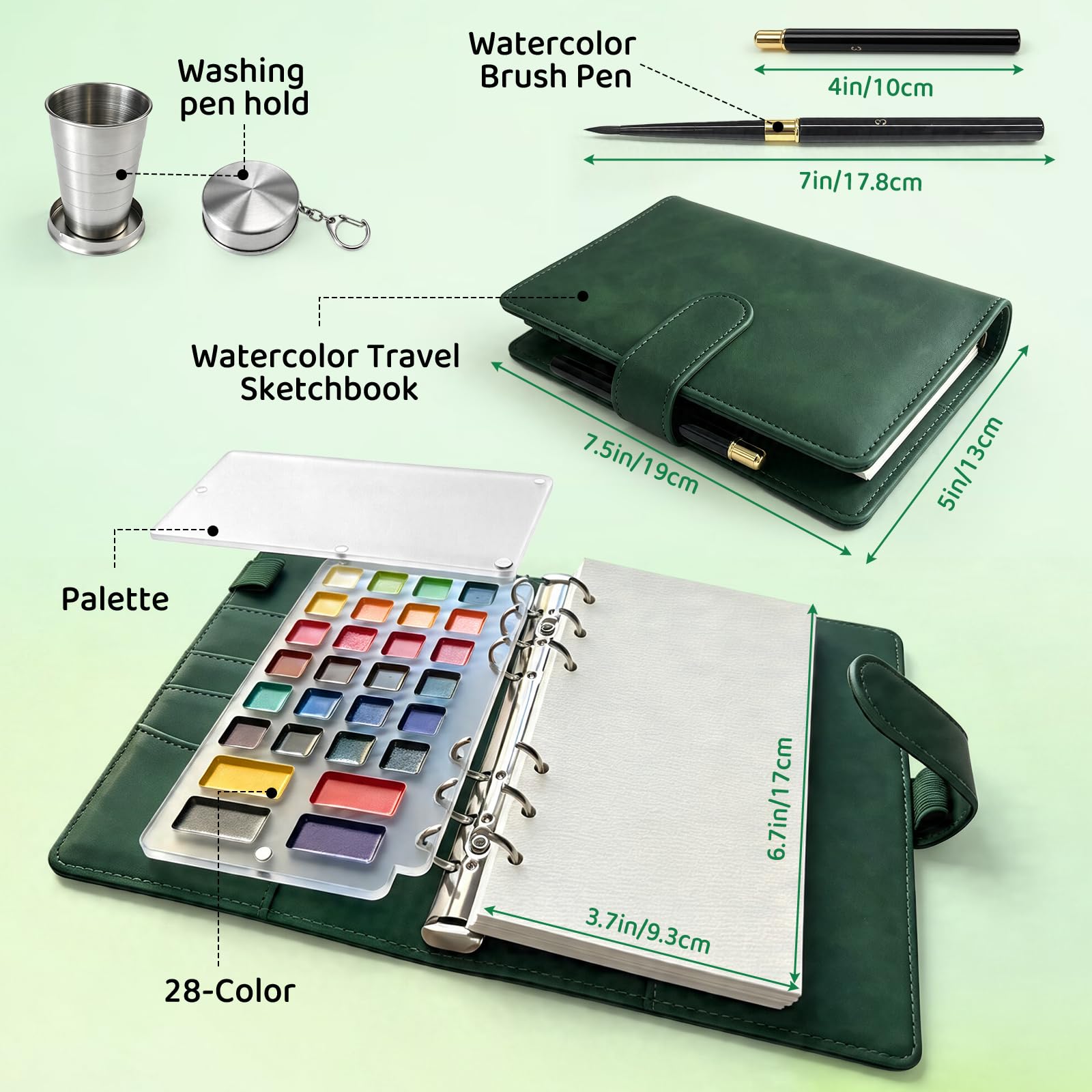 NYFITY Juego de cuaderno de bocetos portátil de acuarela, 28 colores, 7.5 x