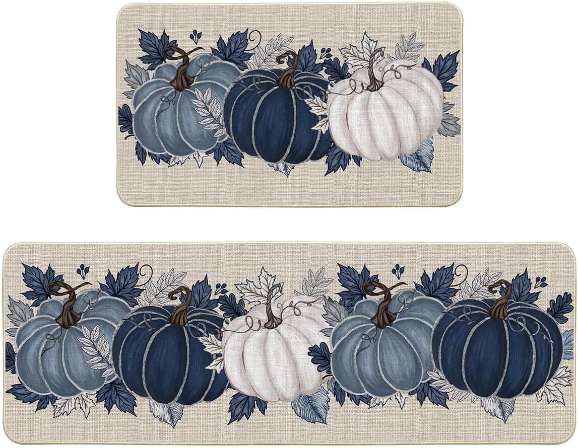 Artoid Mode Black Maple Leaves Pumpkin Fall Kitchen Mats Set of 2, Autumn Home Decor Low-Profile Kitchen Rugs for Floor - 17x29 and 17x47 Inch