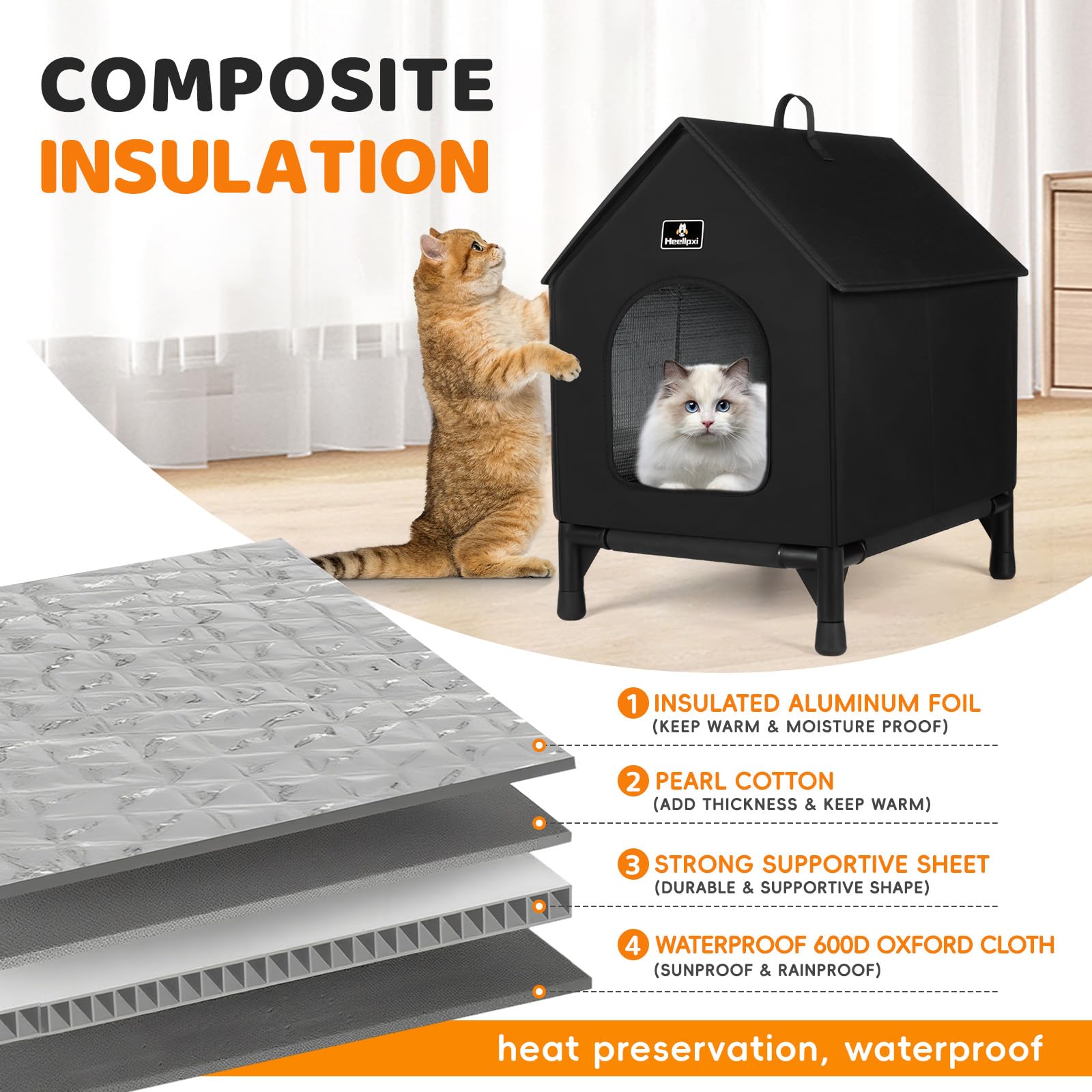 Niche d'extérieur pour chat avec feuilles isolantes, abri d'hiver résistant aux intempéries avec tapis amovible, abri d'hiver intérieur/extérieur