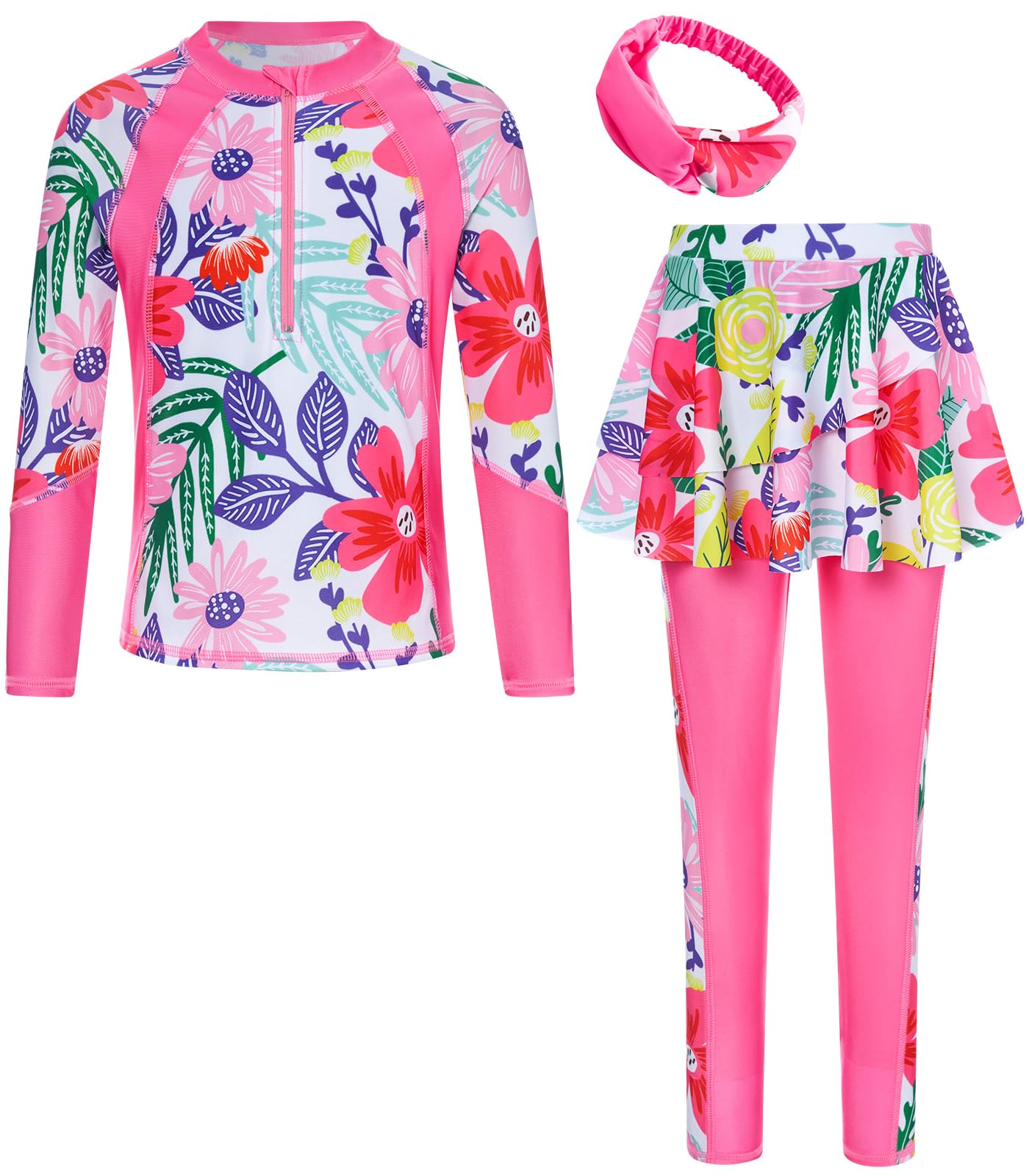 Girls Long Sleeve Rashguard Half Zip Swimsuits UPF 50+ Two Piece Swim Sets with Hairband 5-12Y | Two Piece Swim Sets with Hairband