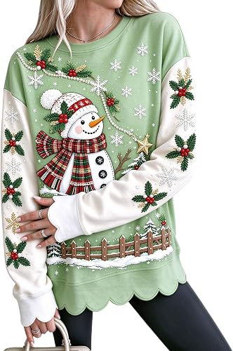 Christmas Scalloped Sweatshirt for Women Xmas Tree Long Slee
