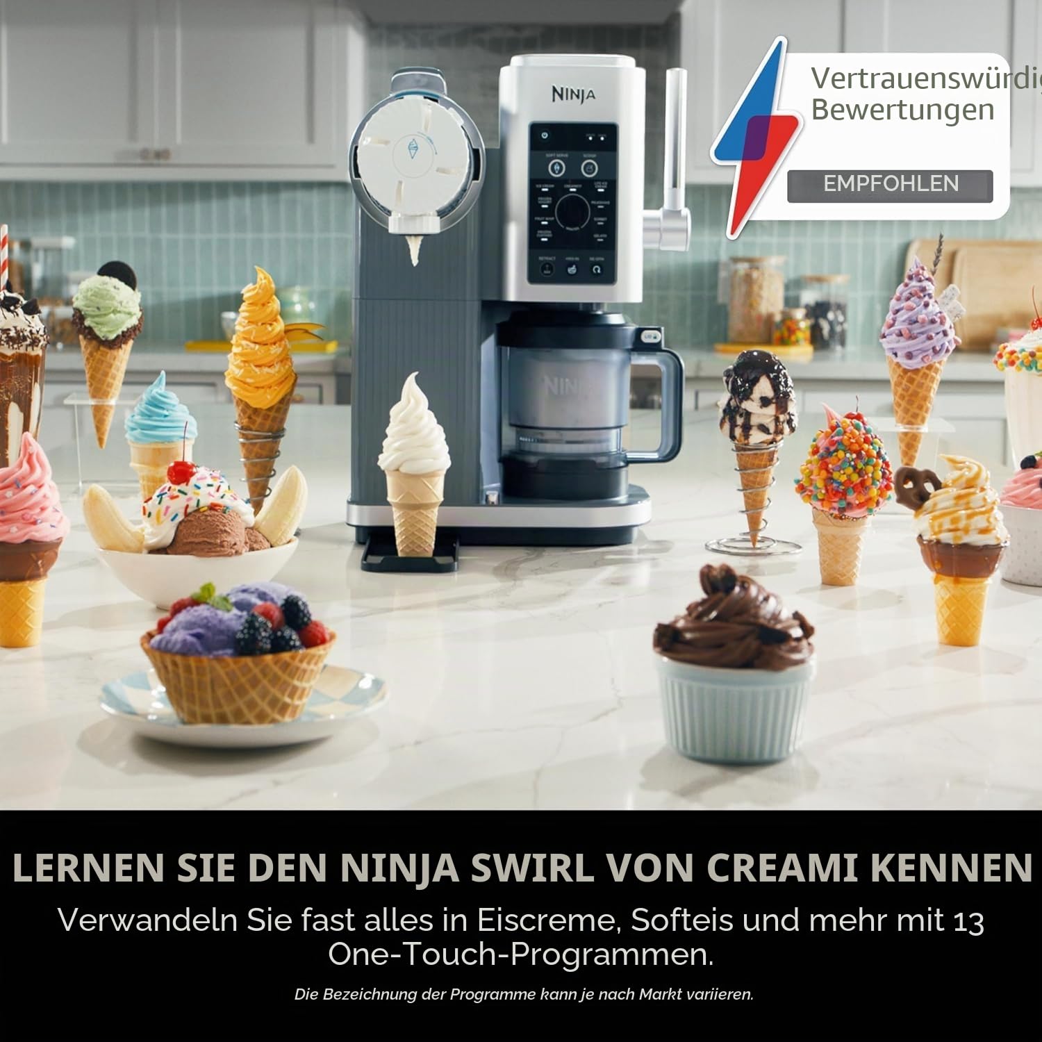 Ninja CREAMi Scoop and Swirl Soft Serve und Eismaschine mit 2x Dosen, 13 Funktionen, macht Eis, Softserve, Gelato, Sorbet, Milchshakes und mehr, Mix-In Option, Platinum Silver, NC701UK