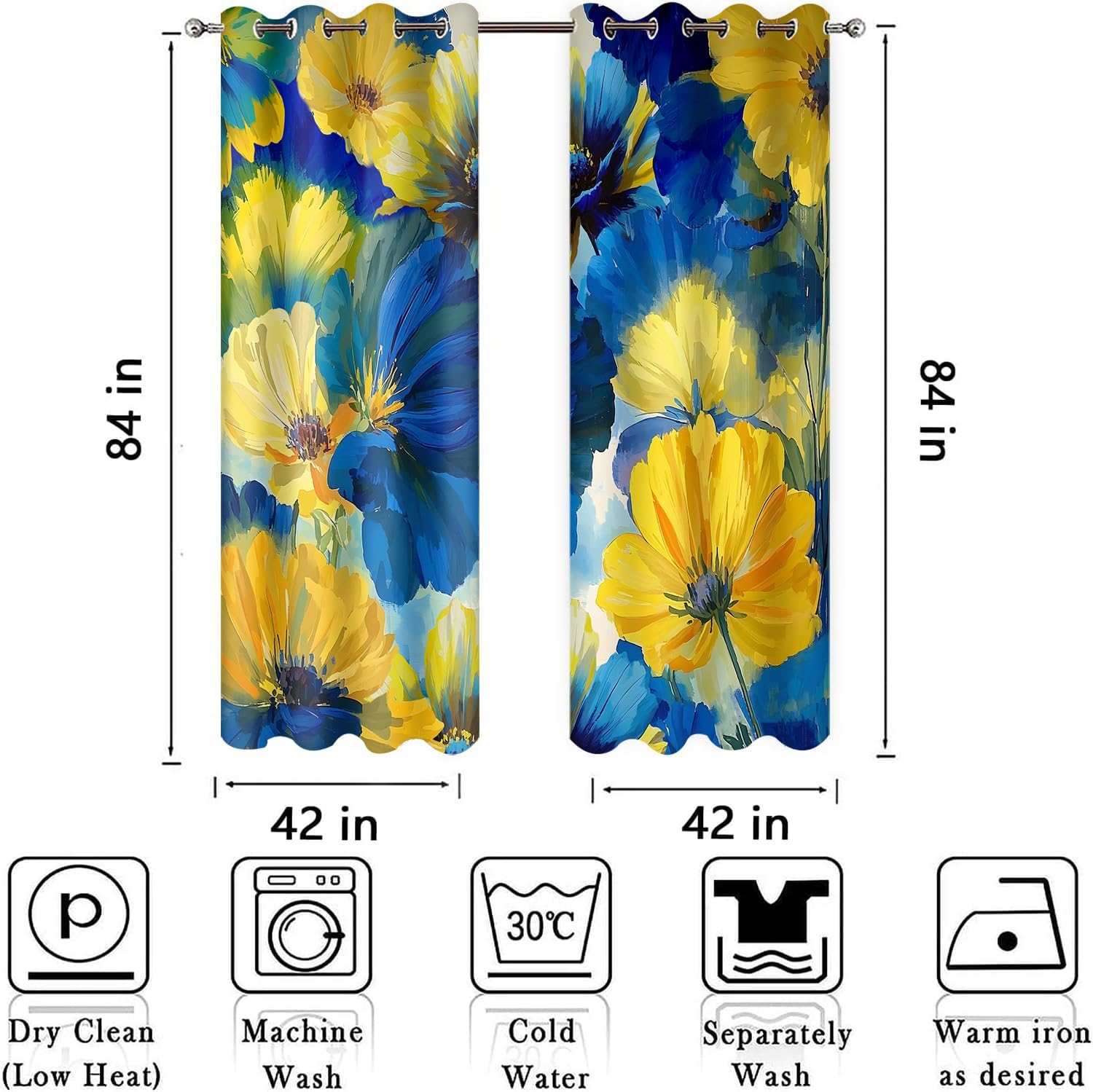 Blue Yellow Flower Curtains Colorful Watercolor Oil Painting Floral Blackout Curtain Modern Art Gradient Color Heat Insulation Privacy Drapes for Bedroom Living Room 2Panels 42x84inch HI06YL