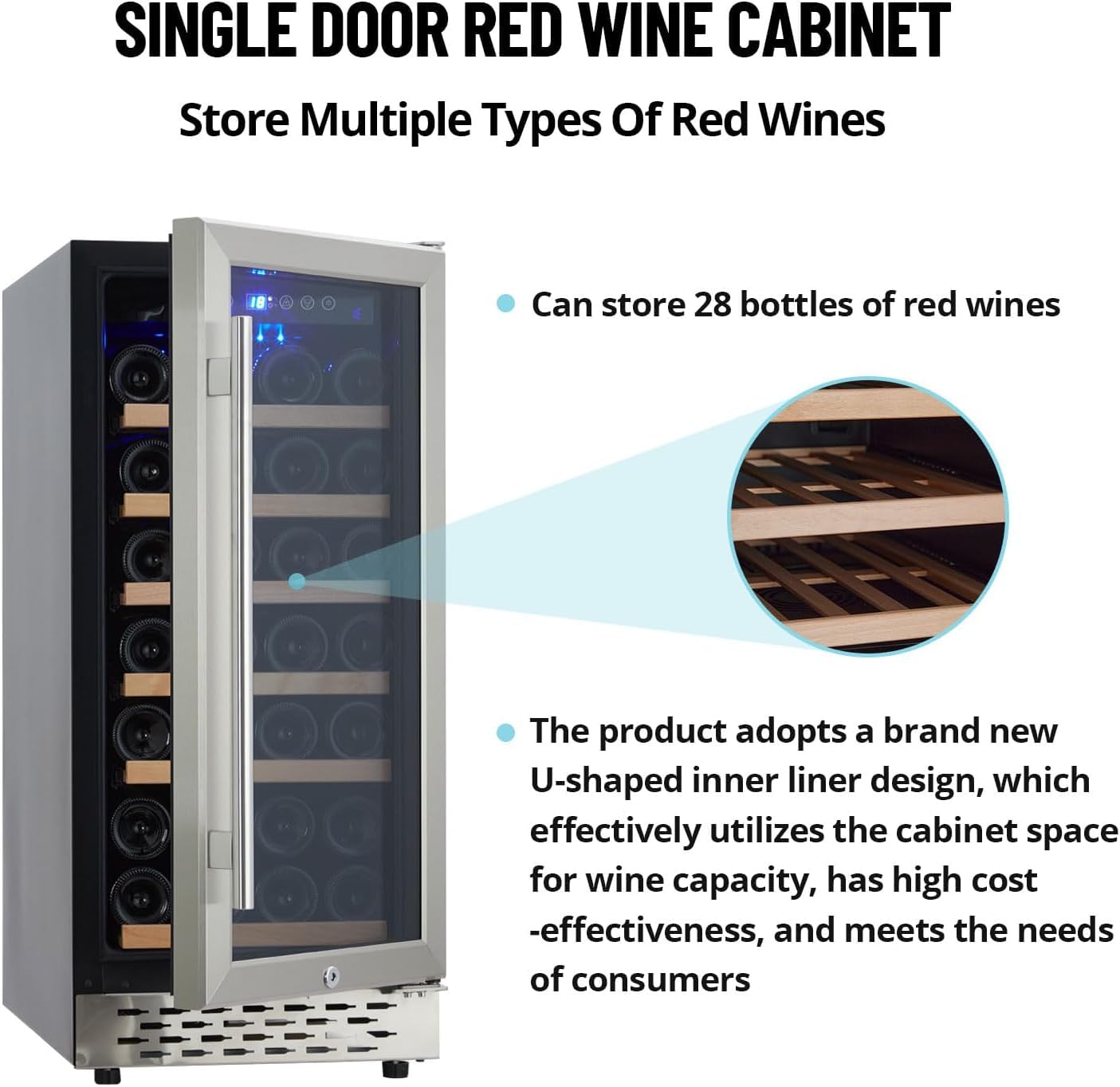 Wine Cooler, Beverage Wine Refrigerator, 28 Bottle, Built-In Or Freestanding, 34-65°F Digital LED Touchscreen, Adjust Temperature, Wine Refrigerator for Red, White, Champagne for Bar, Home, Kitchen on Fridge.com