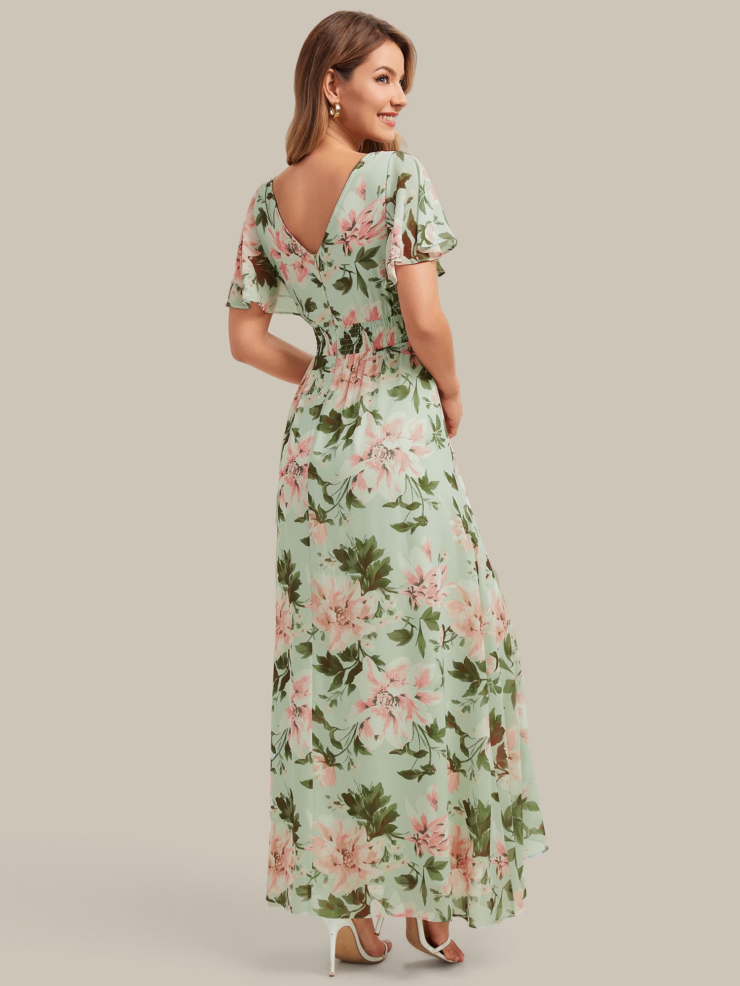 Ever-Pretty Abiti da Damigella Collo a V Maniche Corte Chiffon High Low Sbordi Asimmetrici ES02758
