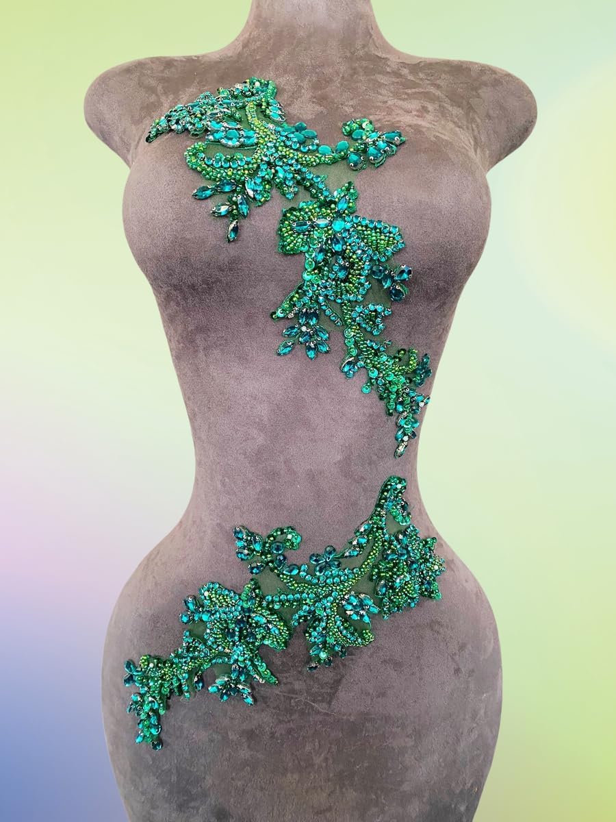 Handmade Rhinestones on Lace Applique Trim Sewing Beads Sequins Trim Patches for Wedding Dress Accessories 1Pair/Bag (Deepgreen)