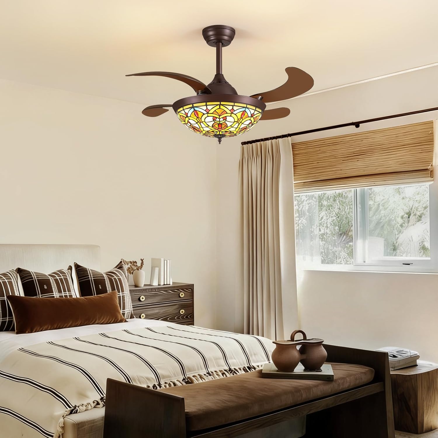 CROSSIO 36" Tiffany Ceiling Fans with Lights Tiffany Vintage Fandelier Vintage Chandelier Fan Stained Glass Ceiling Fan Retractable Blades for Living Room Dining Room