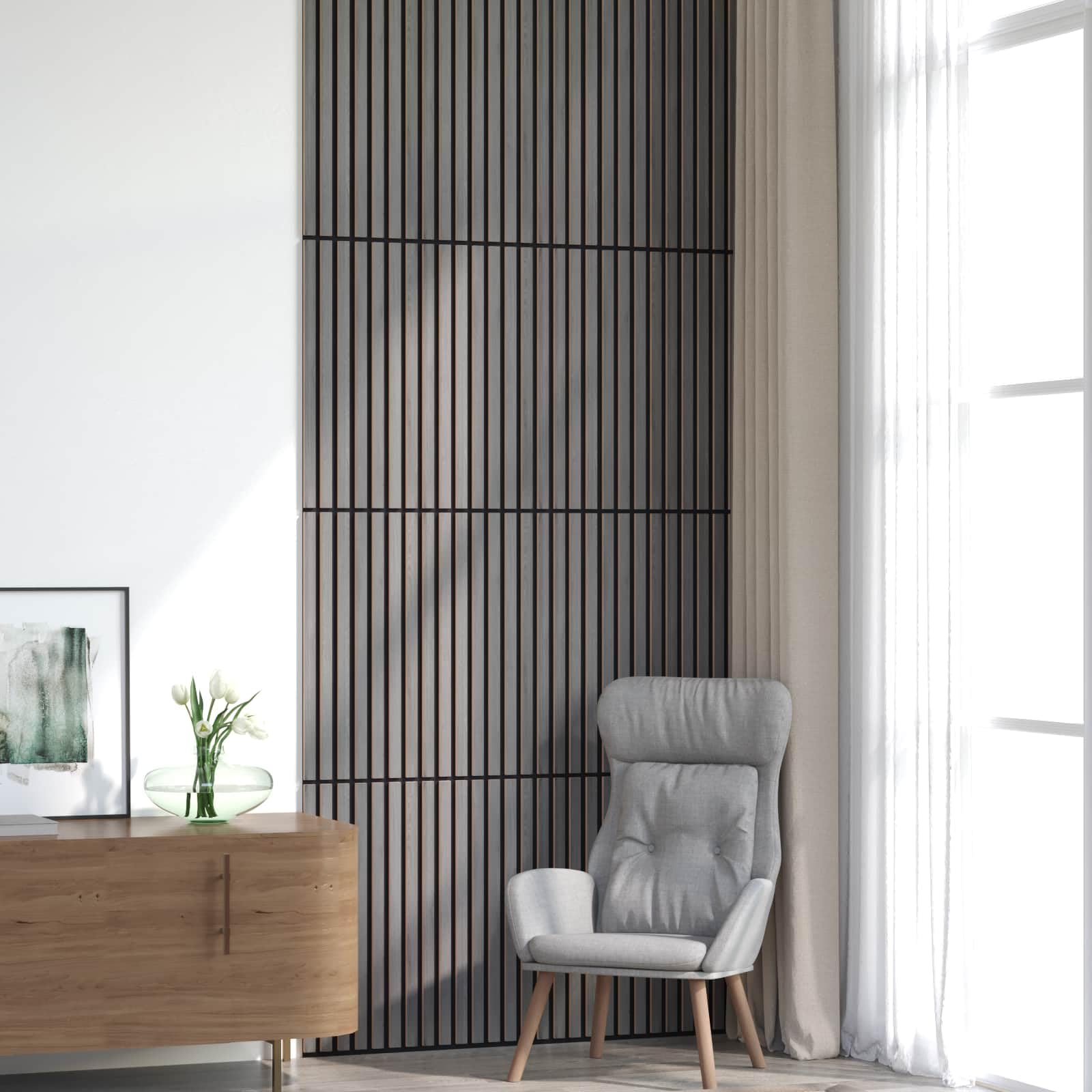 Set di 8 pannelli da parete in legno impiallacciato di rovere grigio, 60,5 x 60 cm, rivestimento murale per interni ed esterni, pannelli acustici per un design moderno