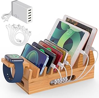 Pezin & Hulin Bamboo Charging Station Holder with 5 Port USB Charger, Watch Stand, Wood Dock Stand Organizer for Multiple Devices, Phones, Tablets, Laptop