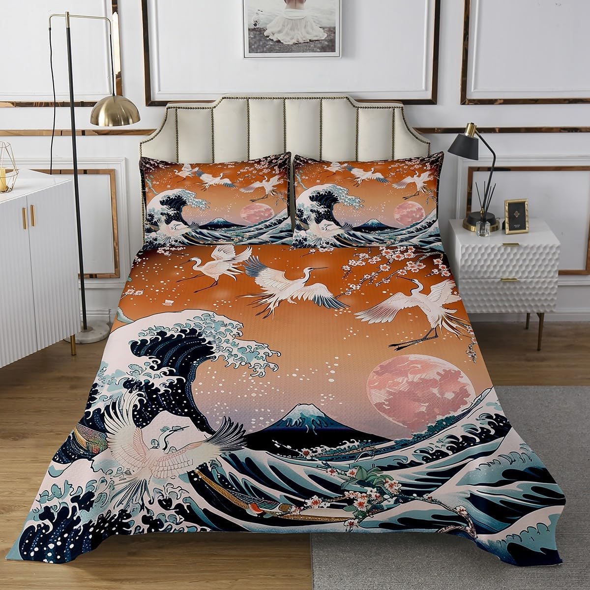 Erosebridal Japanese Style Queen Bedspread Set Vintage Ukiyoe Quilt Set, Pink Cherry Blossoms Florals Coverlet Set Ocean Sea Wave Crane Bedding Set, Mount Fuji Moon Printed Bed Cover