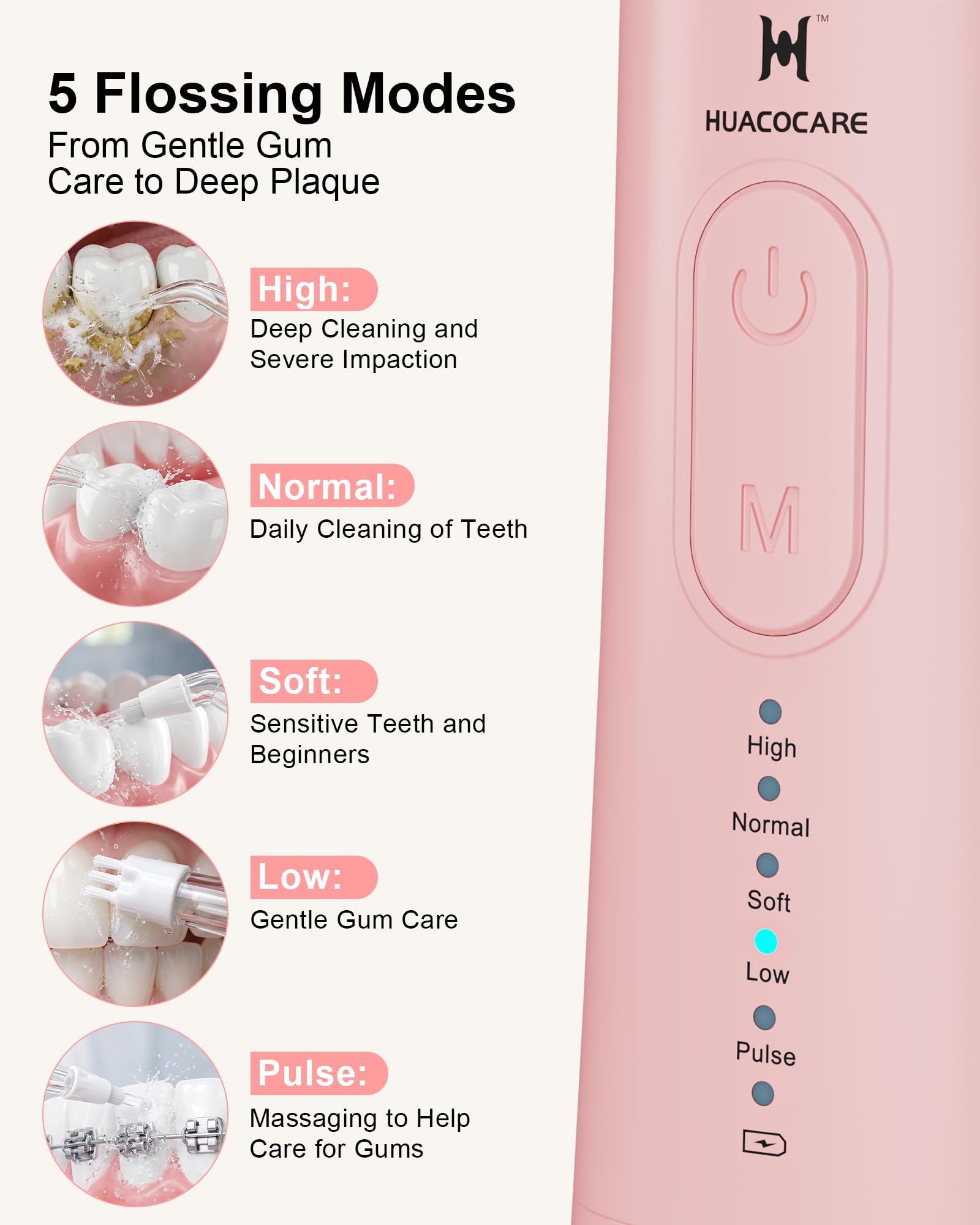 HUACO CARE Irrigador bucal de agua mejorado de 300 ml, 5 modos de irrigador bucal profesional inalámbrico, limpiador dental de agua de pulso de alta presión para el hogar y viajes, elimina la placa