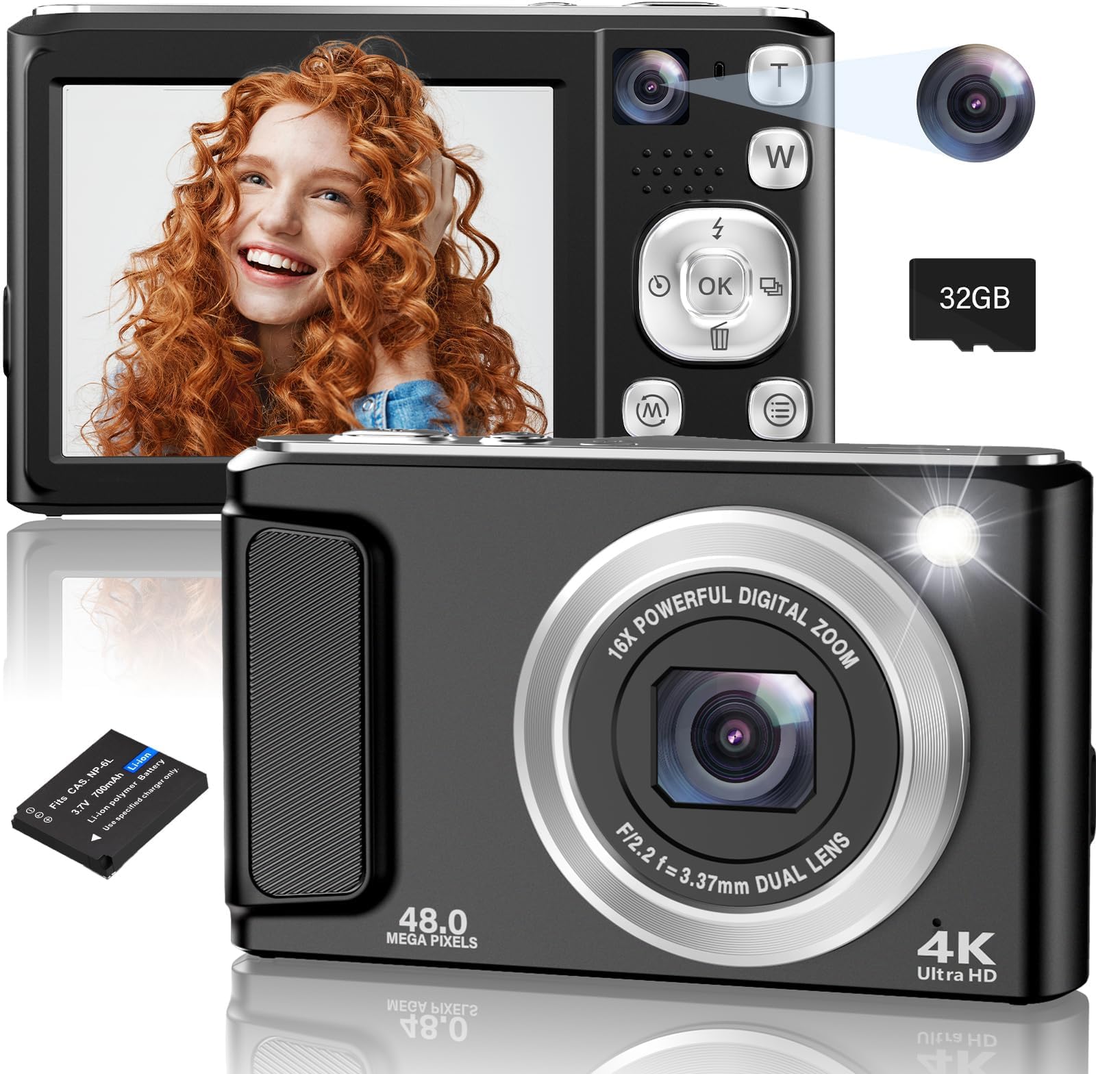 Digital Camera, 48MP 4K Autofocus Cameras for Photography, Vlogging, Compact Camera with Front and Rear Camera, 16X Zoom Protable Anti-Shake Point and Shoot Cameras with 32GB SD Card
