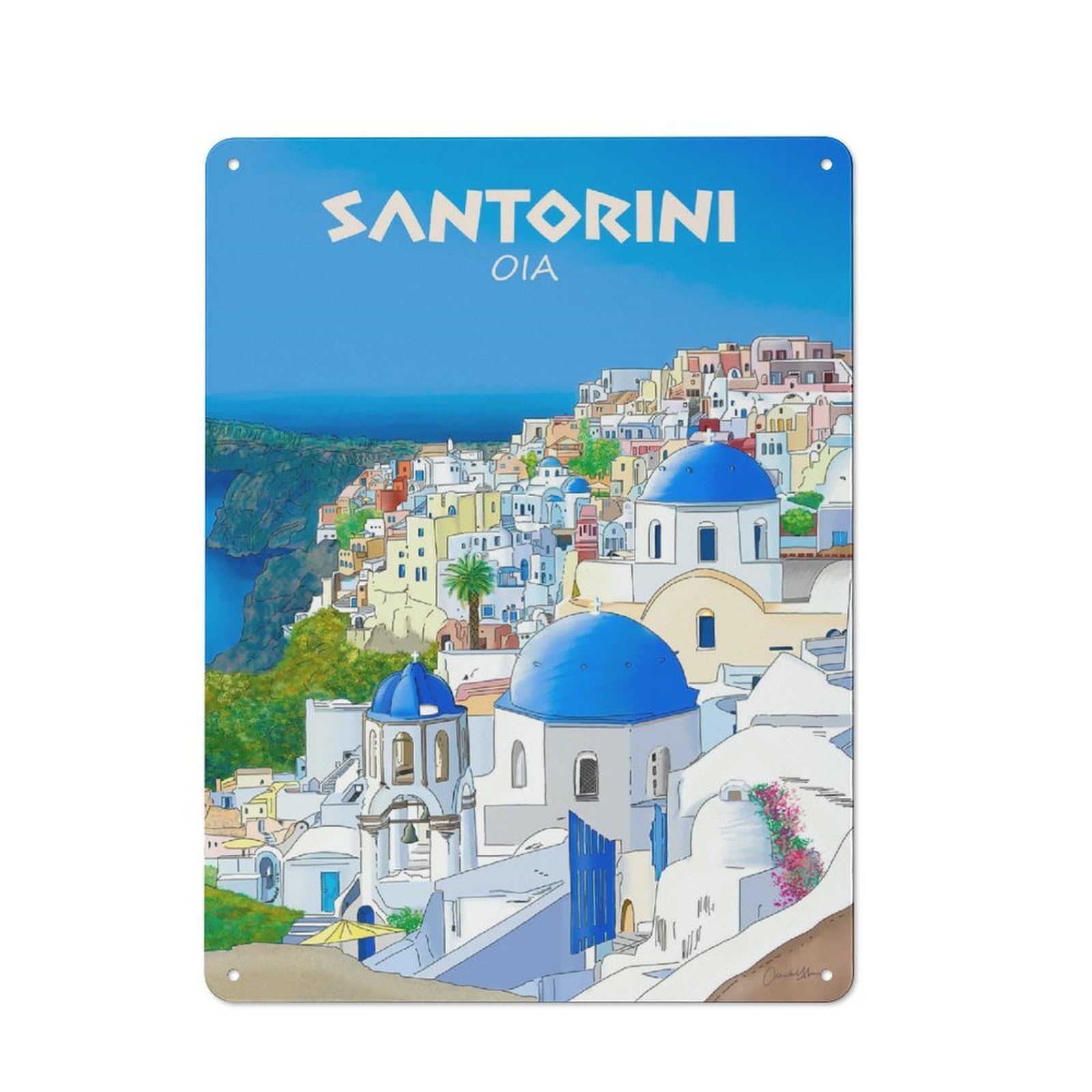 Junmoney Style-8 Santorini Oia Greece Travel Illustration Vintage Metal Wall Decor 40X30cm, Garden Room Metal Sign For Patio Bar, Workshop, Shed Or Kitchen
