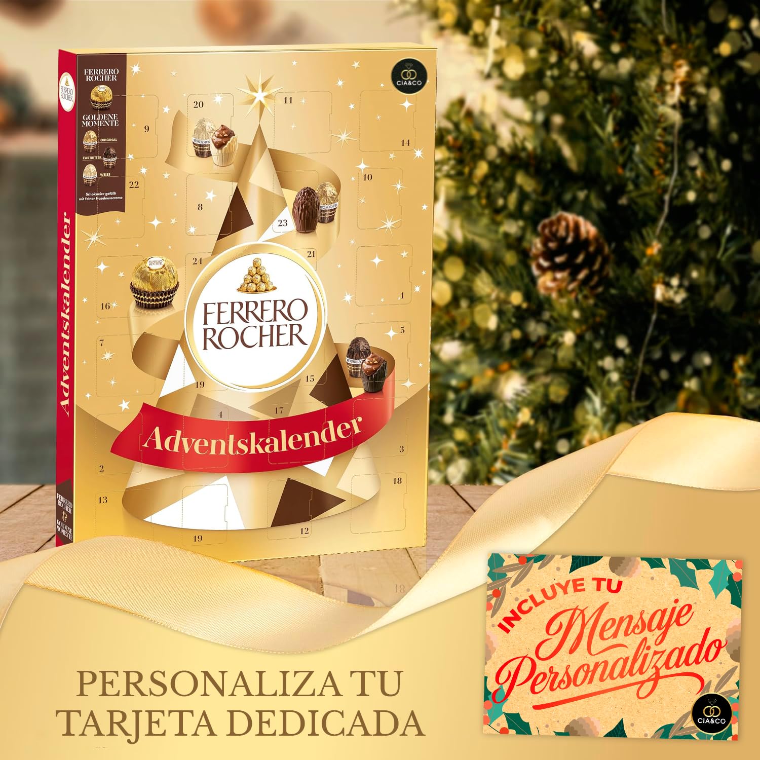 Calendario de Adviento FERRERO ROCHER 2025 Golden Moments Gran Familia + Tarjeta Personalizable Cia&Co · 24 Bombones Gourmet · Ferrero Rocher, Golden Moments Blanco, Original y Dark · 258 g