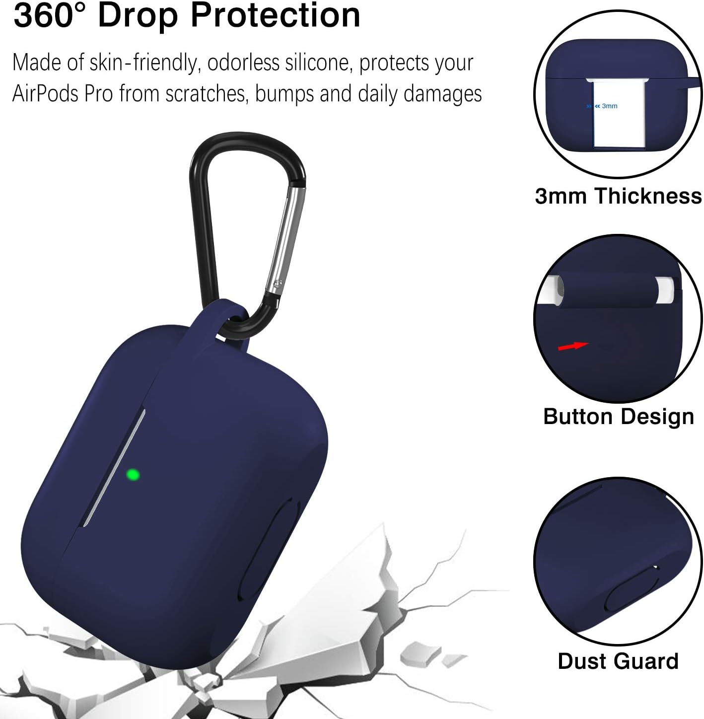 GEAK Compatible with AirPods Pro Case [Front LED Visible], Shockproof Silicone AirPod 3 Protective Cover for AirPods Pro 2019, Navy Blue