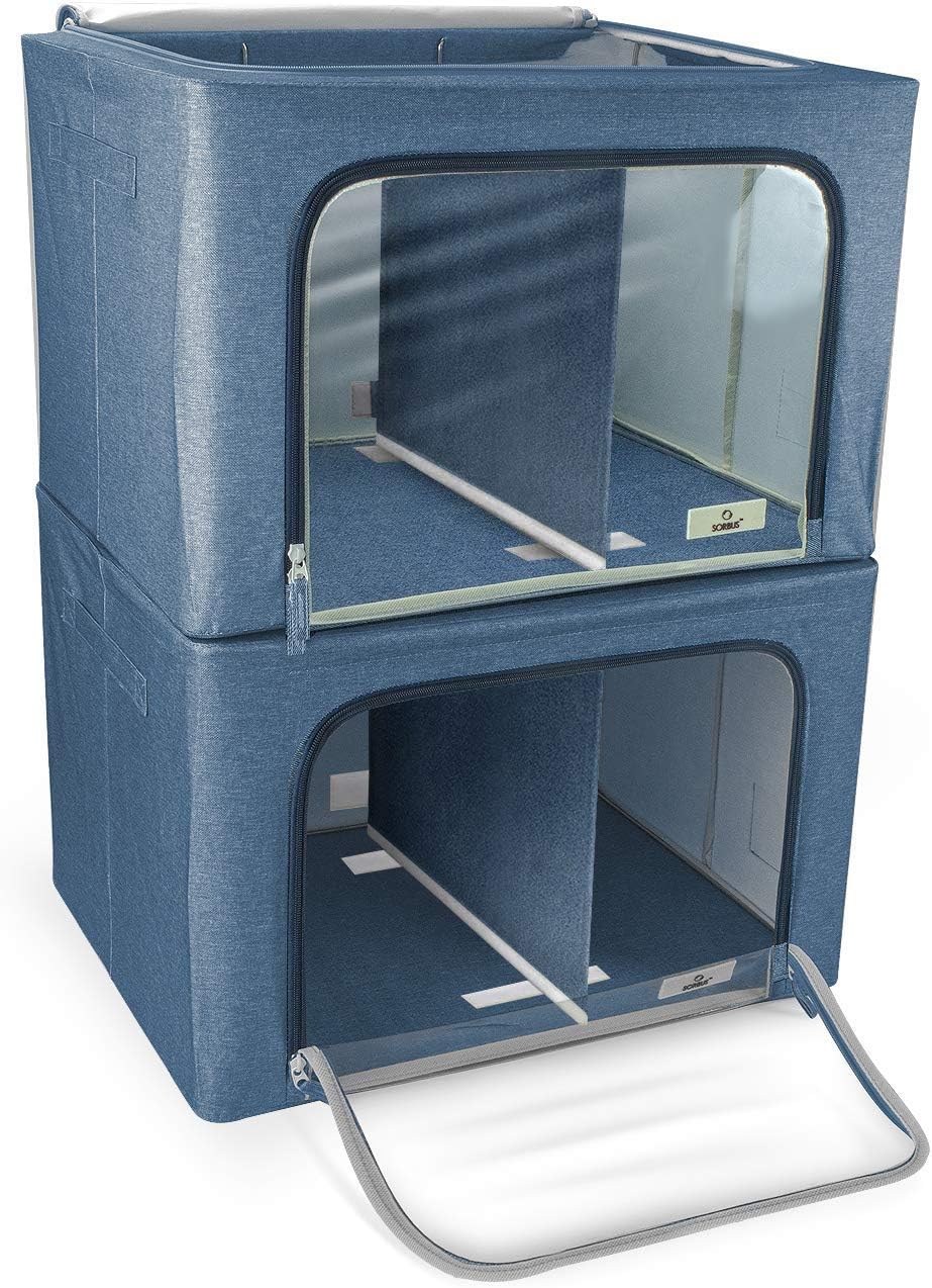 Sorbus Storage Bins with Divided Interior - Large Stackable & Foldable Organizer Containers with Metal Frame, Oxford Fabric, Large Window & Carry Handles - Organization for Bedroom, Linens & Clothes
