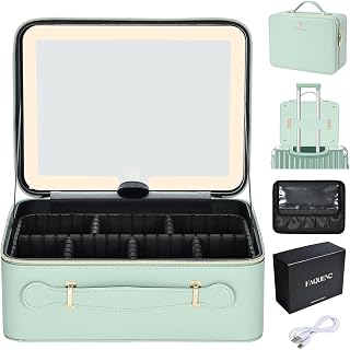 Large Makeup Case with LED Mirror Vanity Case Removable Light Up Mirror PU Leather Portable Makeup Artist Carry Vanity Box with Dividers Makeup Brush Holder, Mint Green, 29x22x13cm, Classic