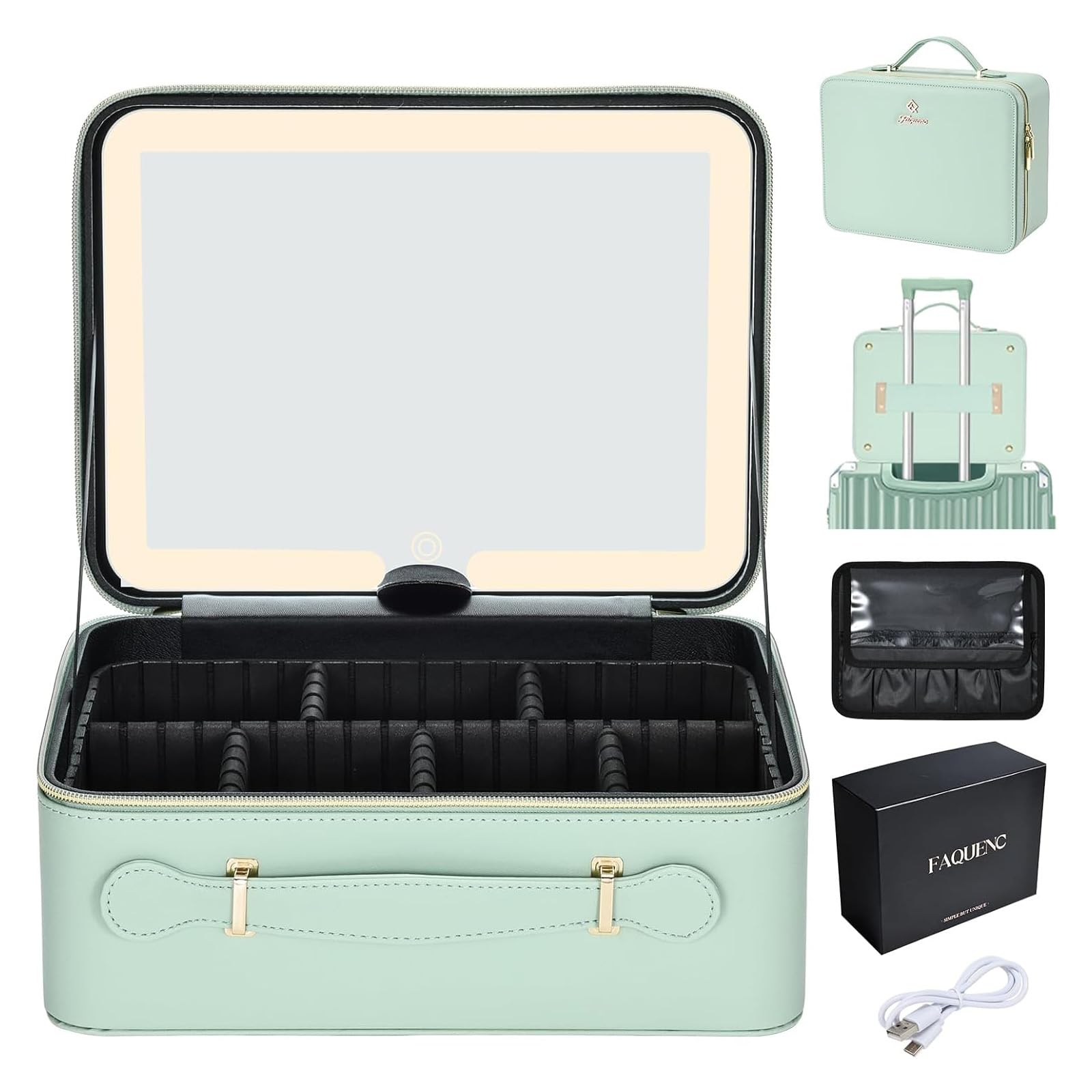 Großer Make-up-Koffer mit LED-Spiegel, abnehmbarer beleuchteter Spiegel, PU-Leder, tragbar, Make-up-Künstler, mit Trennwänden, Make-up-Pinselhalter, mintgrün, Klassisch