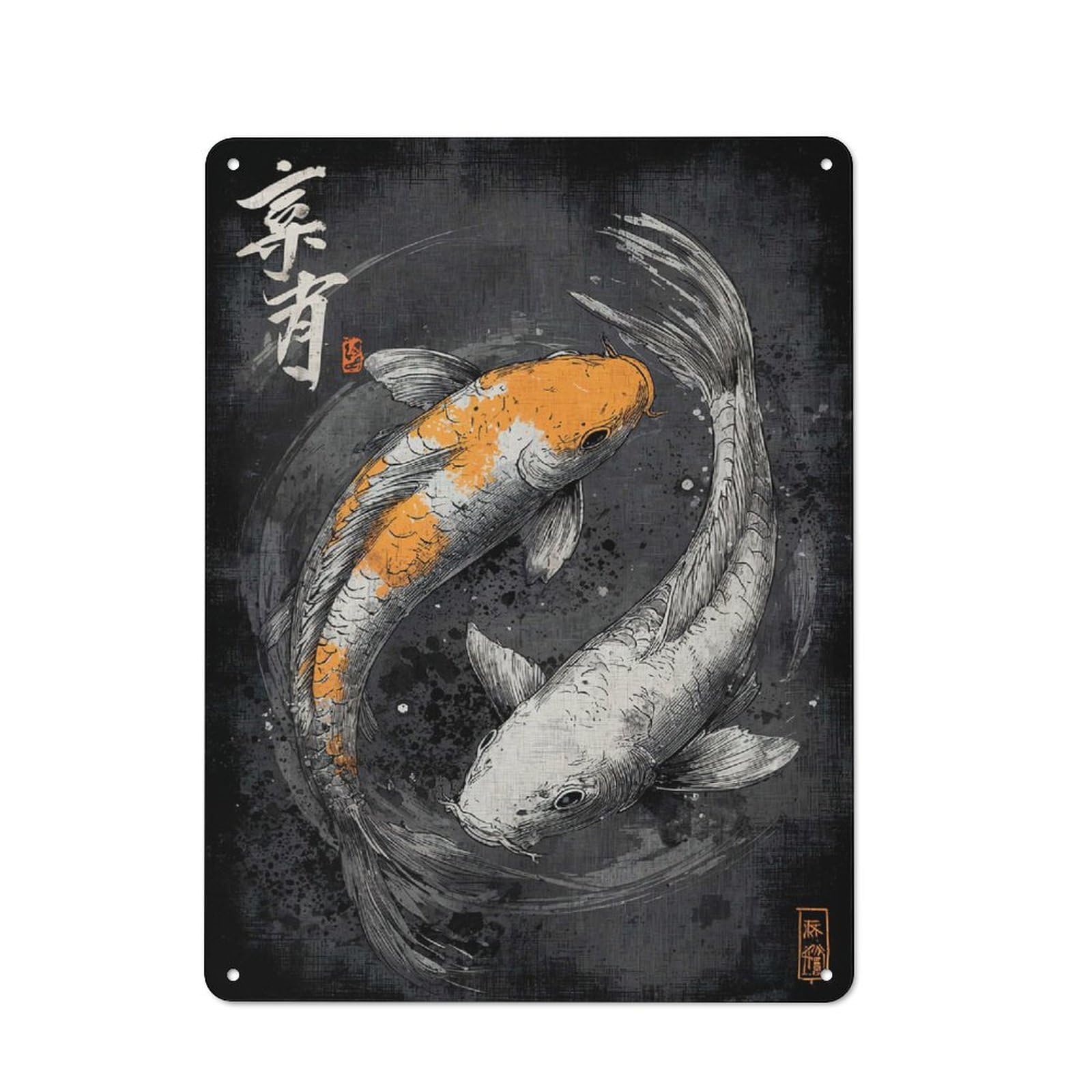Junmoney Style-12 Character Decorative Tin Plaque 40X30cm Featuring Koi Fish Yin Yang Illustration, Home Wall Decor For Flat, Dorm Room, Lounge Or Cafe