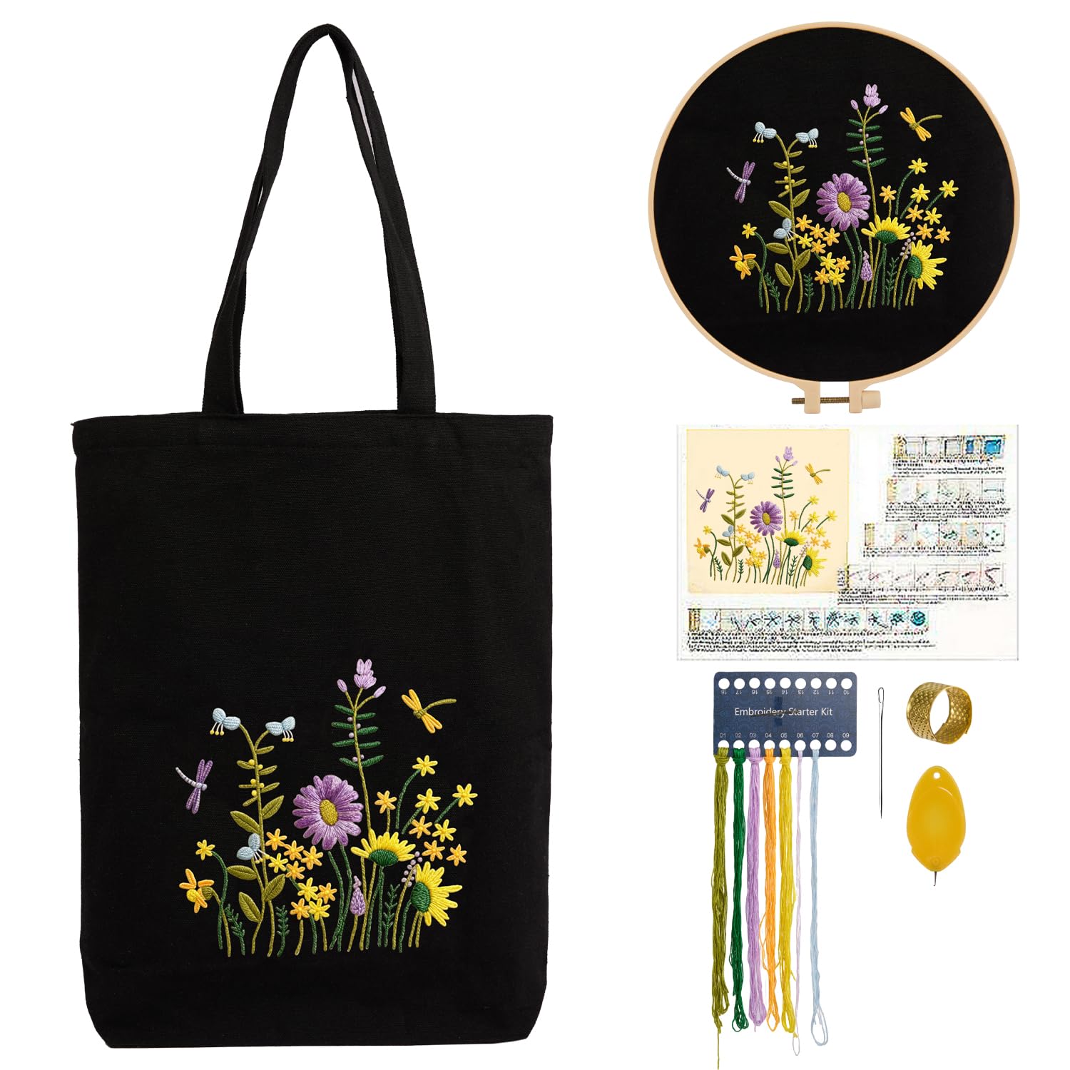 CREAWONDER Hand Embroidery Kits for Bag, Embroidery Kit Bag with Pattern for Beginners, Arts and DIY Embroidery Crafts Kits for Adults, Include Instructions, Embroidery Hoops, Color Threads and Tool