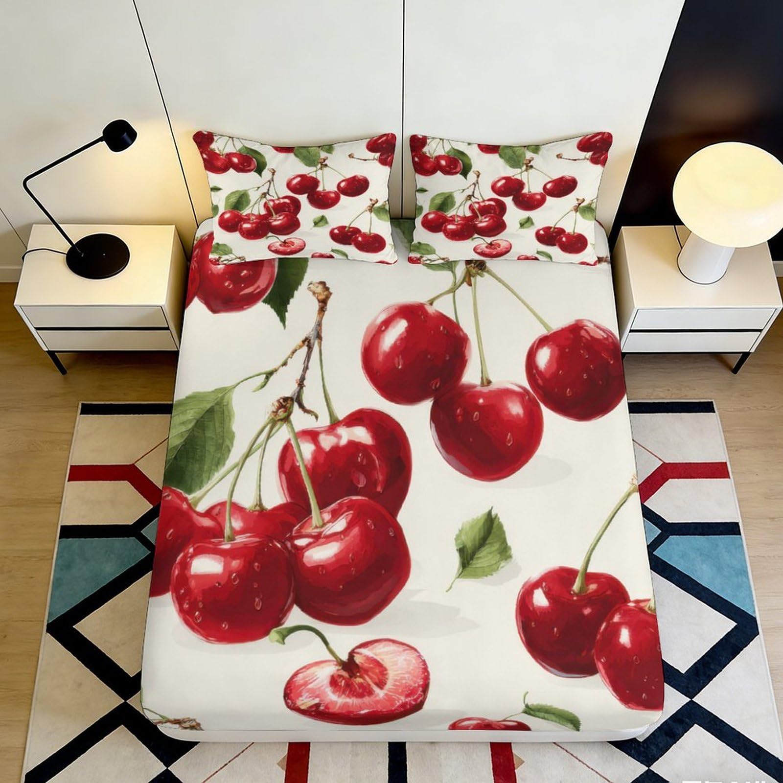 3D Printed Cherry Fitted Sheet Microfiber Soft Durable Red Fruit Bed Cover for Bedroom Dormitory Guest Room Mattress Protection Decor 200x200x25cm