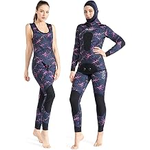 Women's 3mm Neoprene Spearfishing Wetsuit, 2 Piece Long Sleeve, Camo Design, Chest Pad, Hooded, Perfect for Cold Water Free Diving