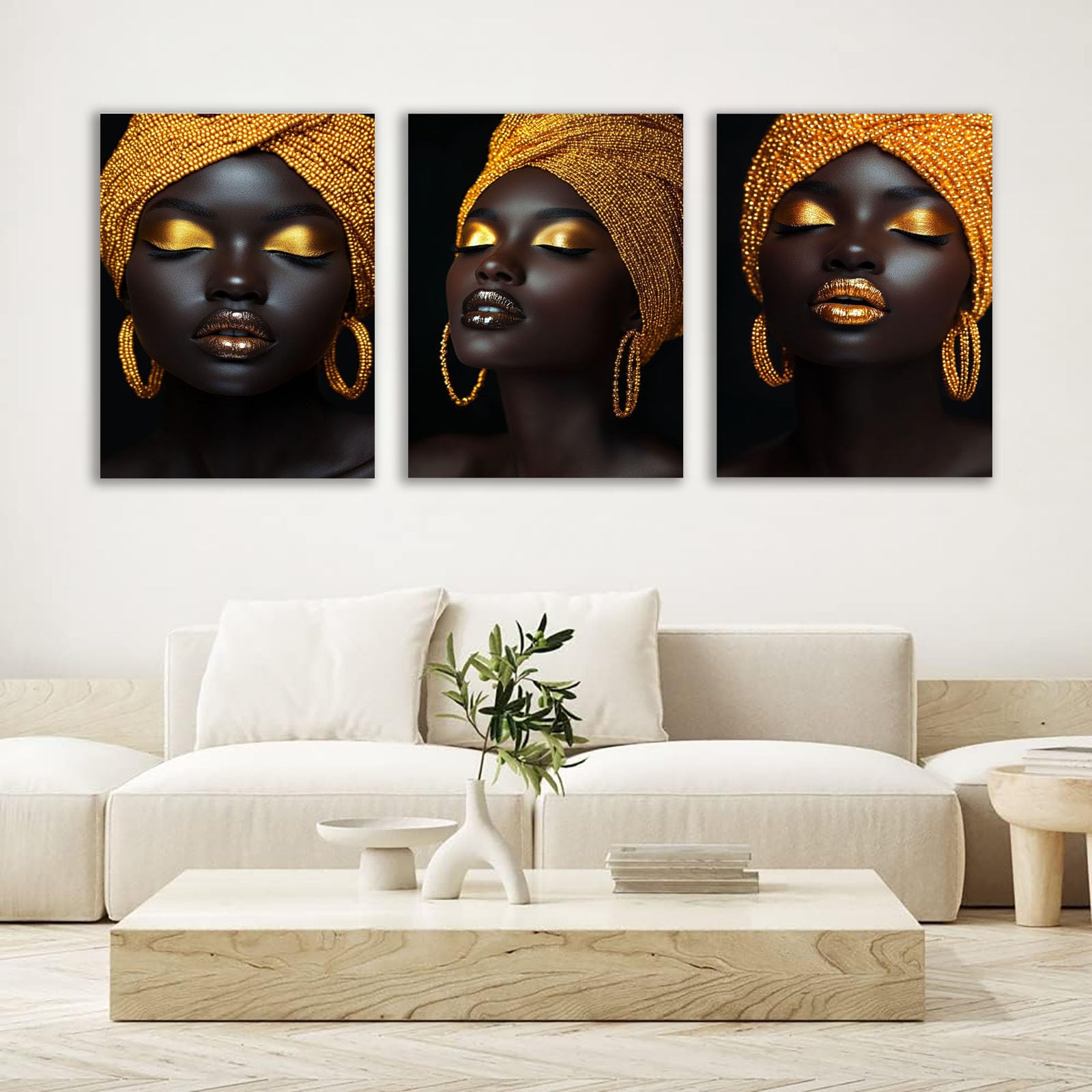 TZKRWRH Set de 3 Marco Cuadros Decoracion Salon Mujer Negra y Dorada Modernos Abstracto Cuadro Decorativos, Mujer Impresiones Sobre Lienzo posters（Oro 5-60x90cmx3 Sin marco