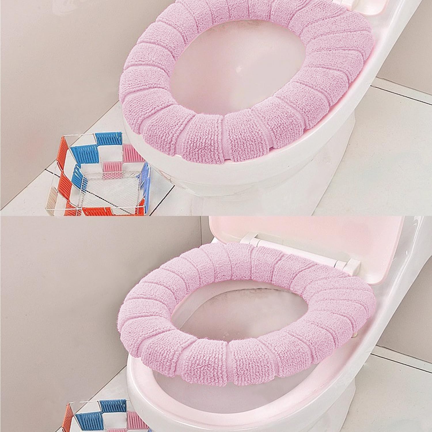 2 PCS Soft Thicker Plush Bathroom Toilet Seat Cover Pads Stretchable Washable Cloth Design for Universal Fit O/U/V/Rectangular Toilets (Lavender)
