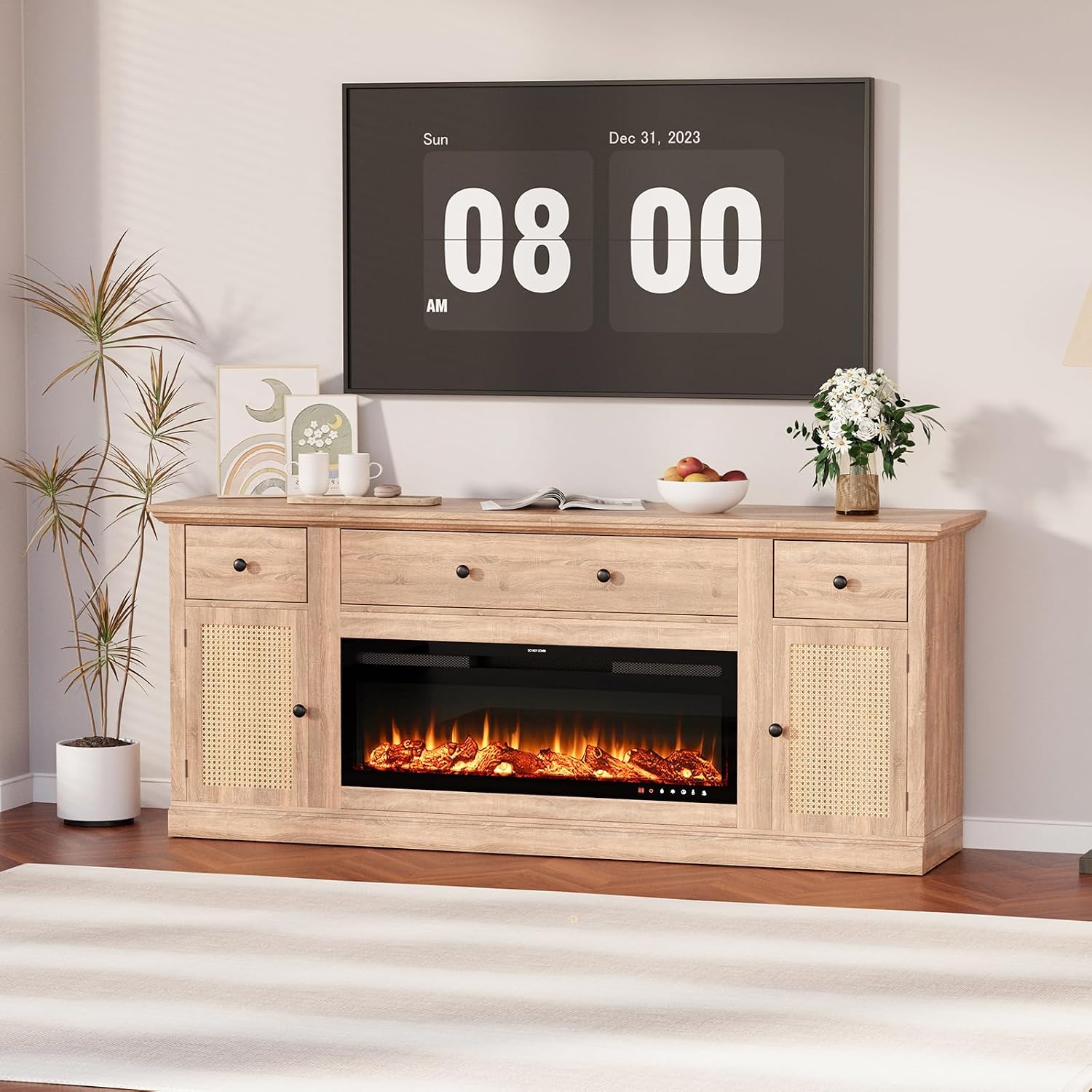 EROMMY 70" Fireplace TV Stand for 80 Inch TV, Farmhouse 29" Tall Entertainment Center with 36" Electric Fireplace, Rattan Media Console with Large Storage Cabinets and Drawers for Living Room