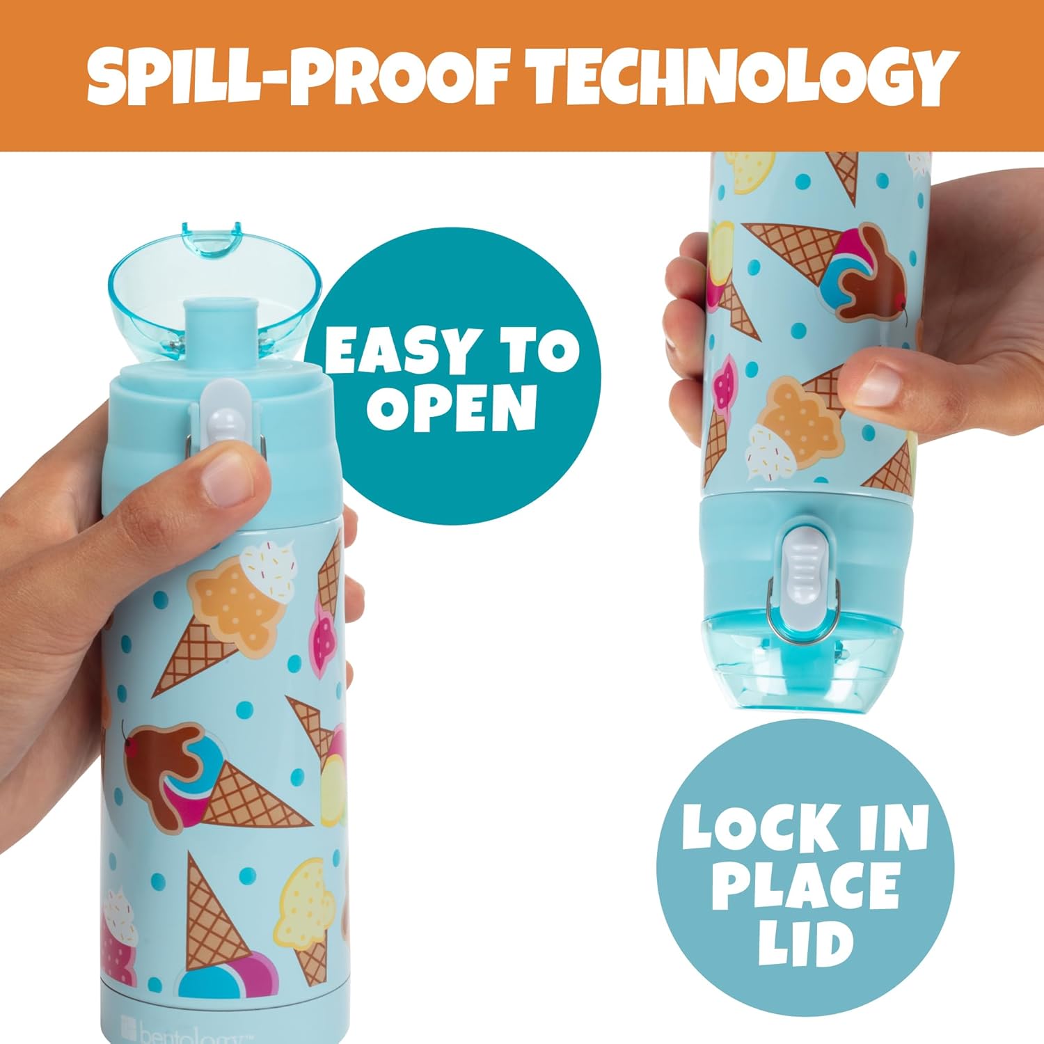 Bentology Stainless Steel 13 oz Reusable Water Bottle for Kids, Ice Cream - Double Wall Insulated, Spill Proof Lid w/Built-in Straw- Keep Liquids Hot or Cold For Hours- Fits in Lunch Boxes & Bags - Image 2