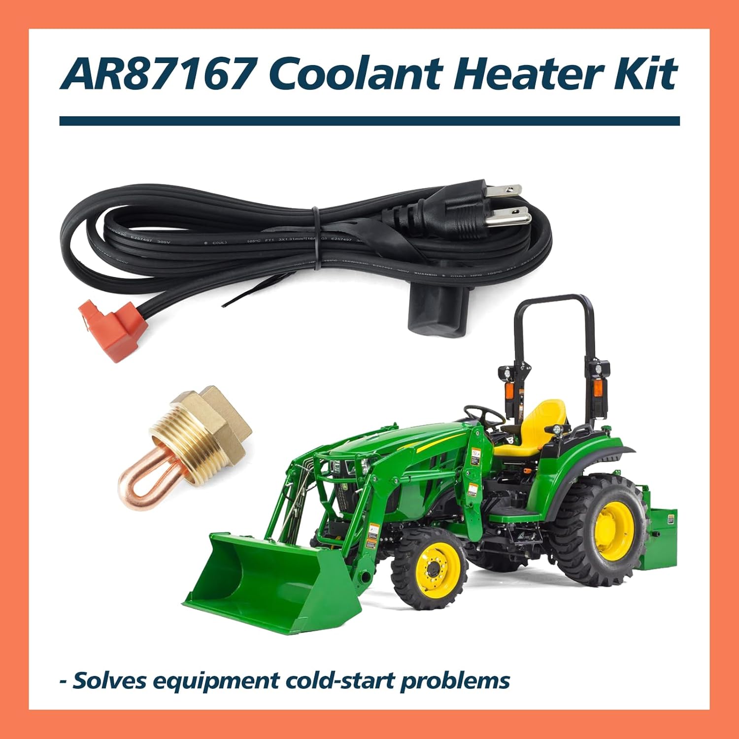 AR87167 Engine Block Coolant Heater Kit Compatible with John Deere 1025R 110 2210 2305 4210 445 X495 XUV for Gator 850D 855D 855M 865E Tractor, w/AR8767 Heater Element & AR87168 Cord