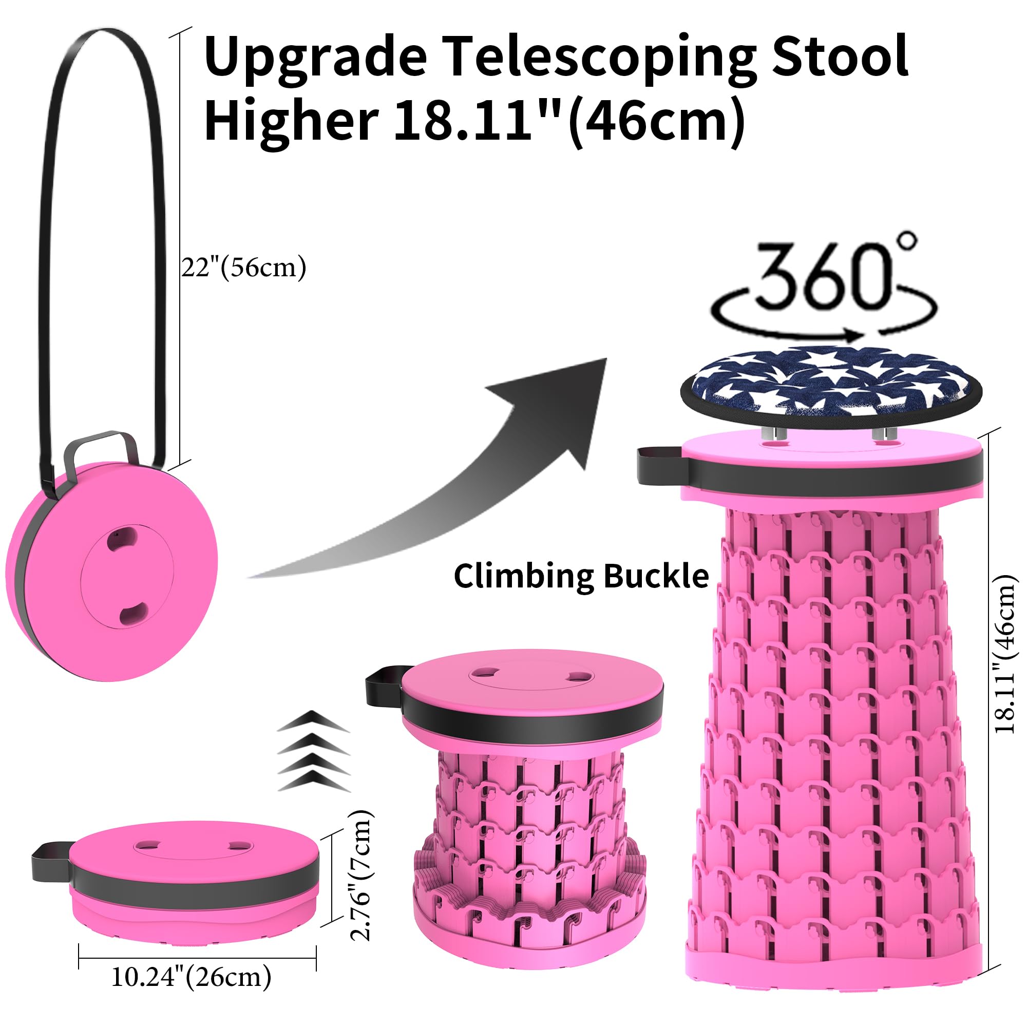 Sgabello Pieghevole Portatile Con Cuscino, Sgabello Da Campeggio Sgabello Telescopico Regolabile Con Borsa Da Trasporto Per Escursionismo Carico Massimo 200 Kg (rosso rosa)