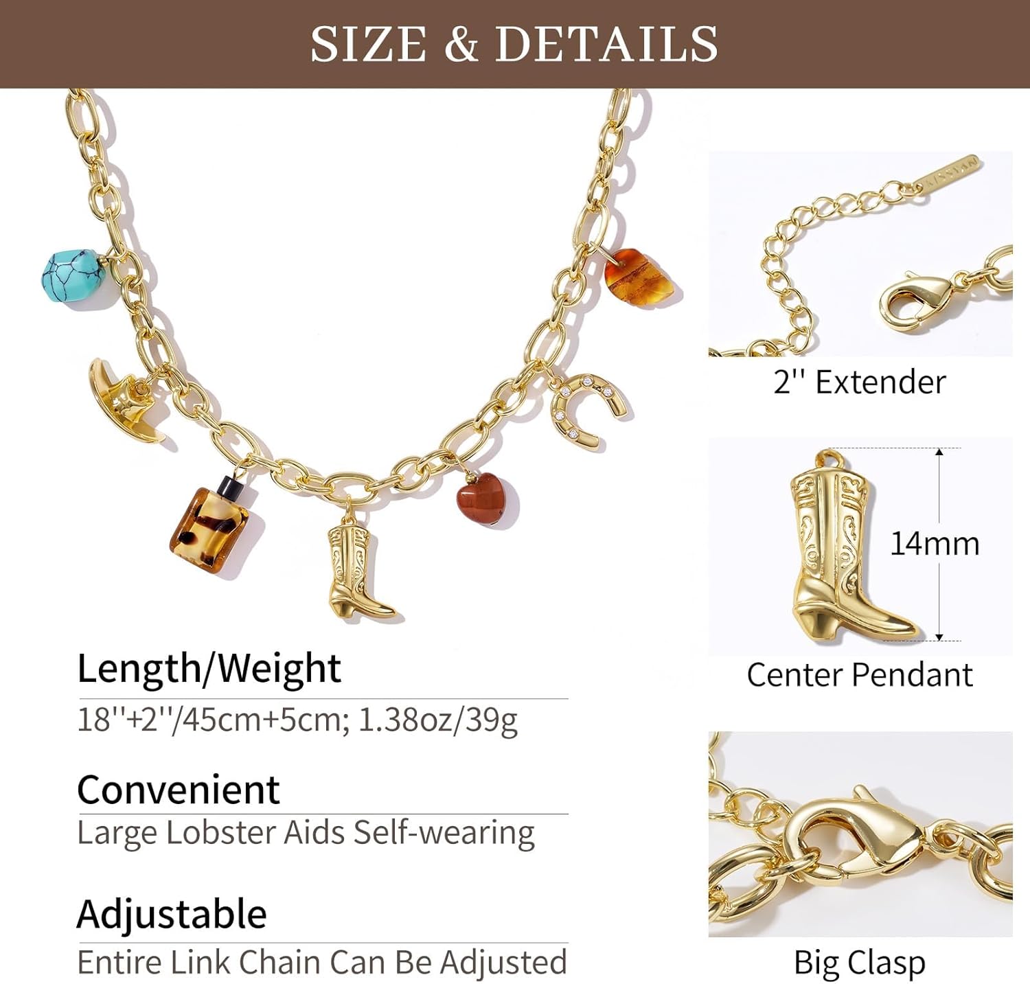 KissYan Cowgirl Western Charm Necklace, 14K Gold Plated Boot Horseshoe Turquoise Pendant Chain Vintage Jewelry Gift for Women - Image 7