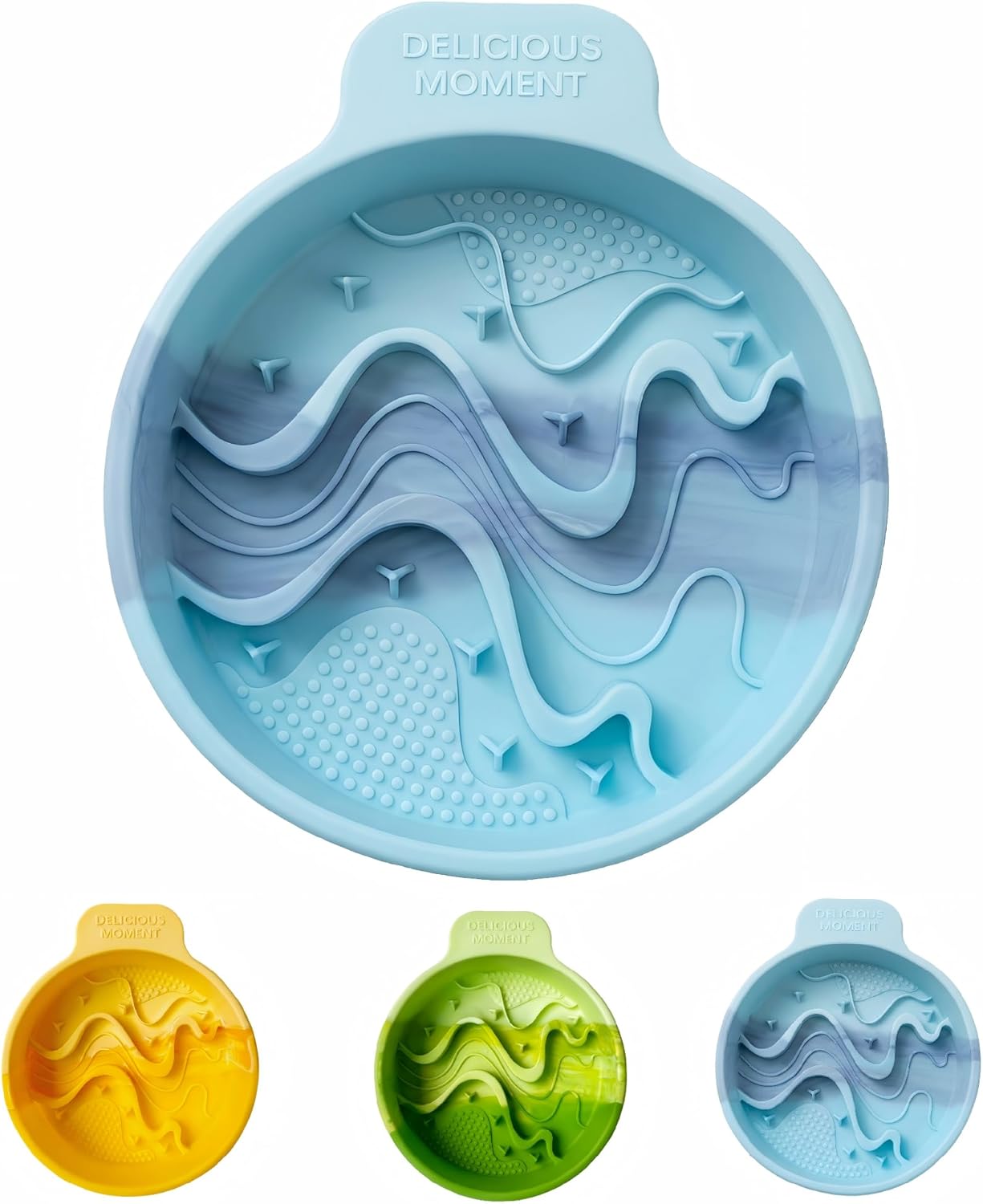 Silicone Slow Feeder Bowl for Dogs and Cats, Modern Ombre Pet Puzzle Feeder with 4 Strong Suction Cups, Flexible Travel Food Bowl for Fast Eaters, Anti-Slip Interactive Maze Design(Blue)