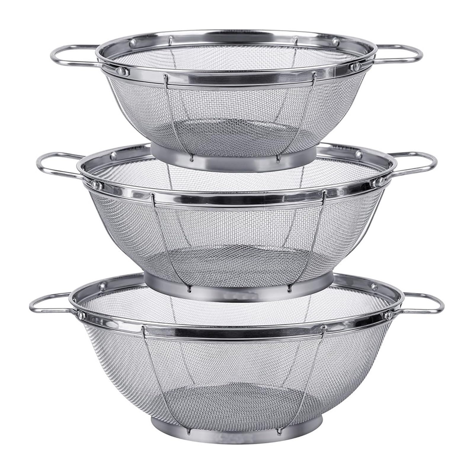 Confezione da 3 setacci for scolapasta in acciaio inossidabile (5 quarti, 4 e quarti), cestelli in rete con filtro a manici for filtraggio, scarico, risciacquo Per Riso, Frutta, Verdura E Pasta