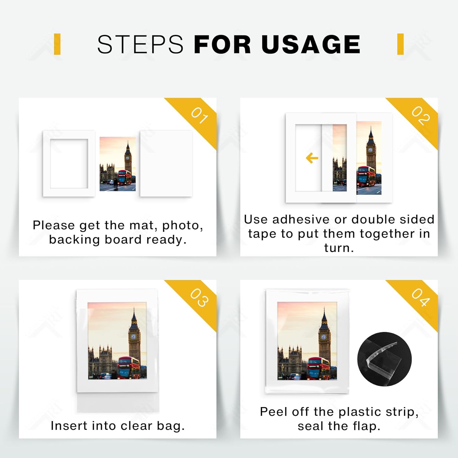 Golden State Art, Pack of 20, Pre-Cut 11x14 White Picture Mat Kit for 8.5x11 Photo, 20 White Core Bevel Cut Mattes, 20 Backing Boards and 20 Clear Bags