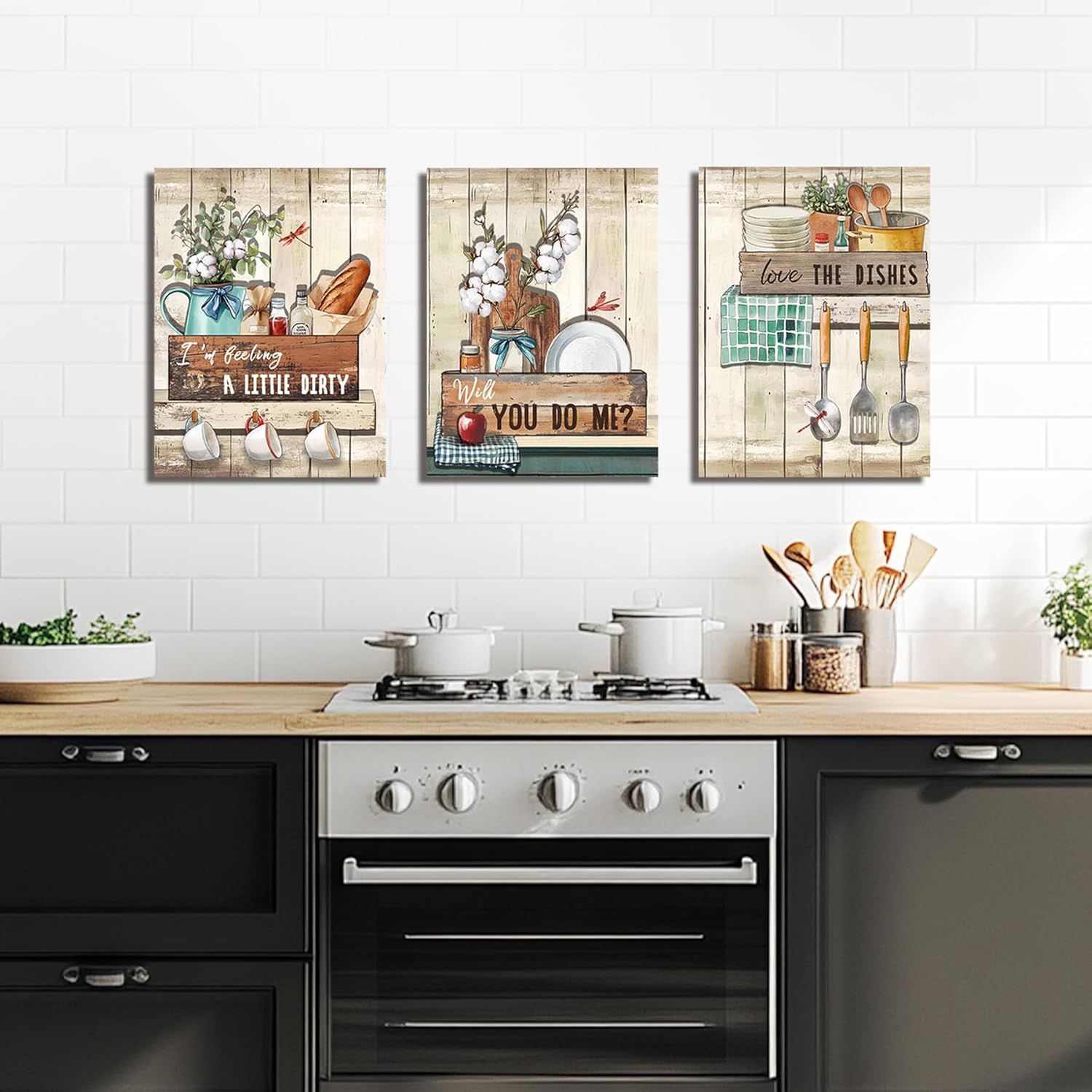 Quotes Wall Art I Am Feeling A Little Dirty Will You Do Me Love The Dishes Sign Canvas Wall Art Rustic Farmhouse Kitchen Quotes Printing Framed, 12"x16"x3pcs